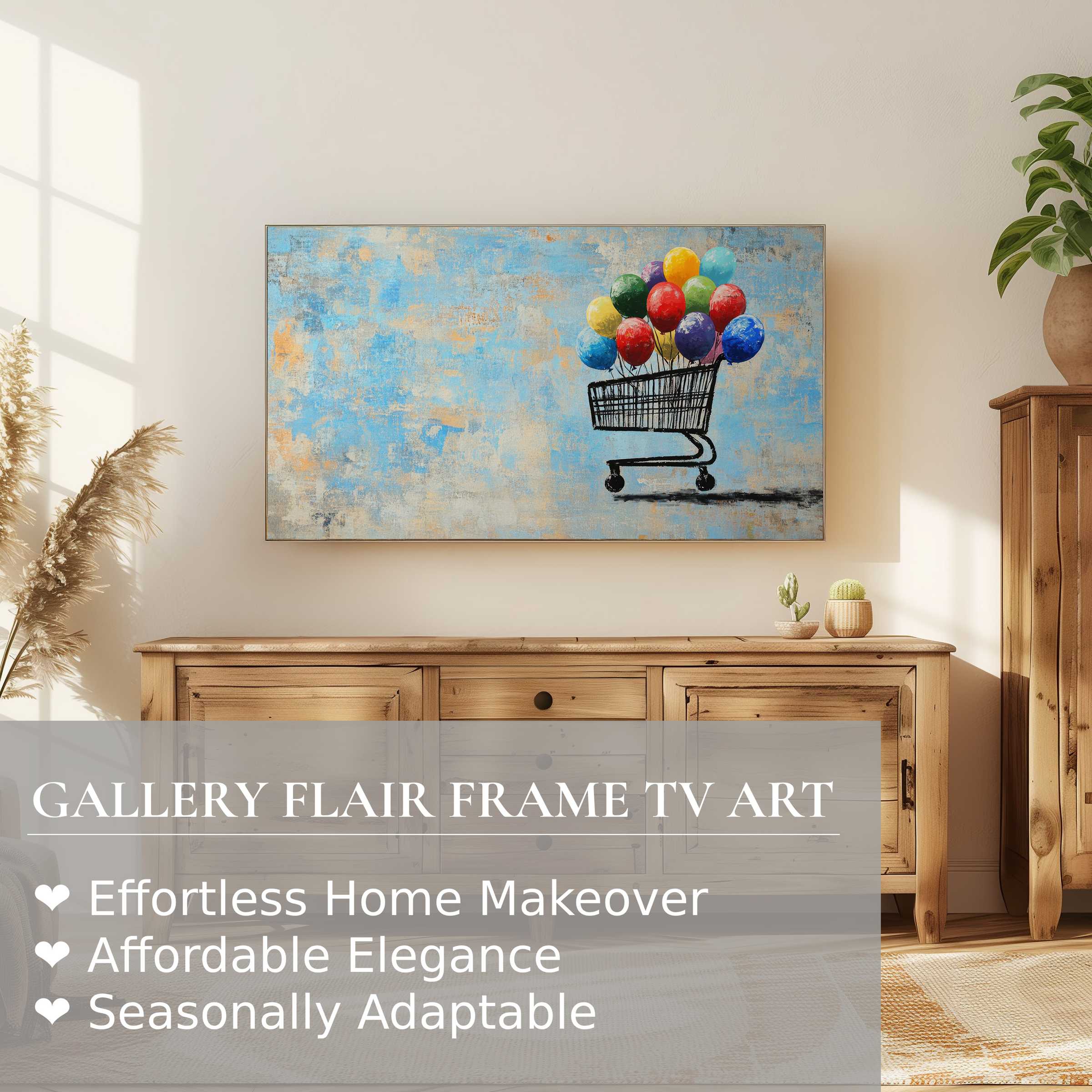 Samsung Frame TV displays vibrant street art digital artwork with balloons in a shopping cart, enhancing modern rustic decor