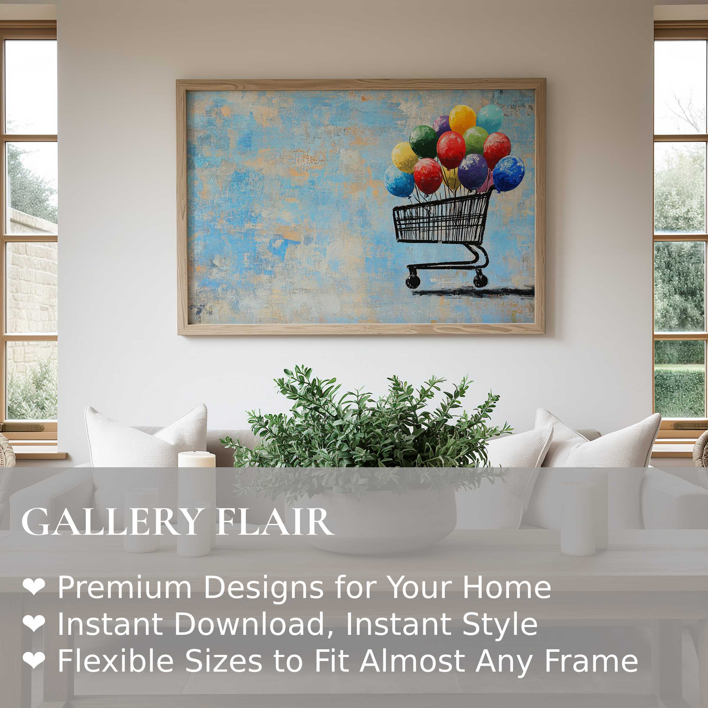 Street art wall art print featuring vibrant balloons in a shopping cart; adds bold, contemporary charm to modern minimalist decor