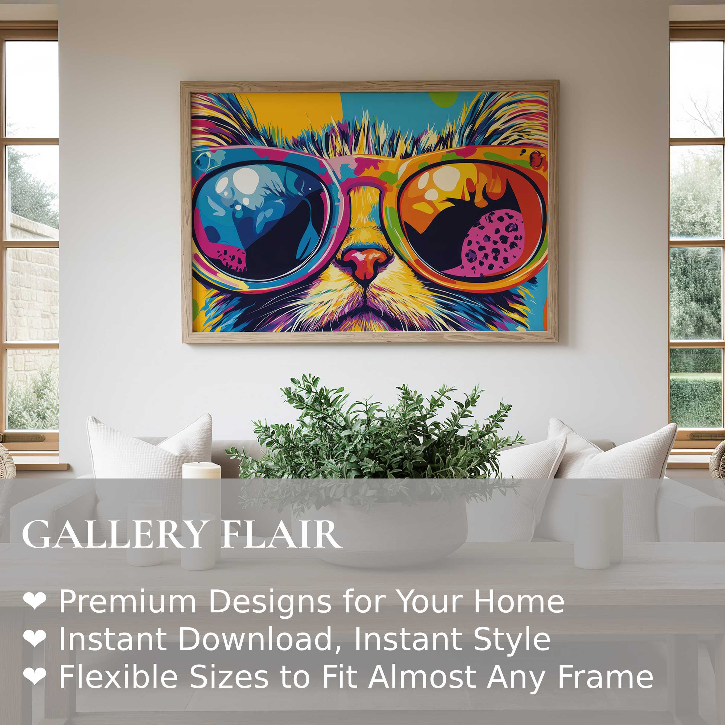 Vibrant pop art wall art print of a cat in bold, radiant hues, elevating a modern, minimalist living room with playful energy and refined flair