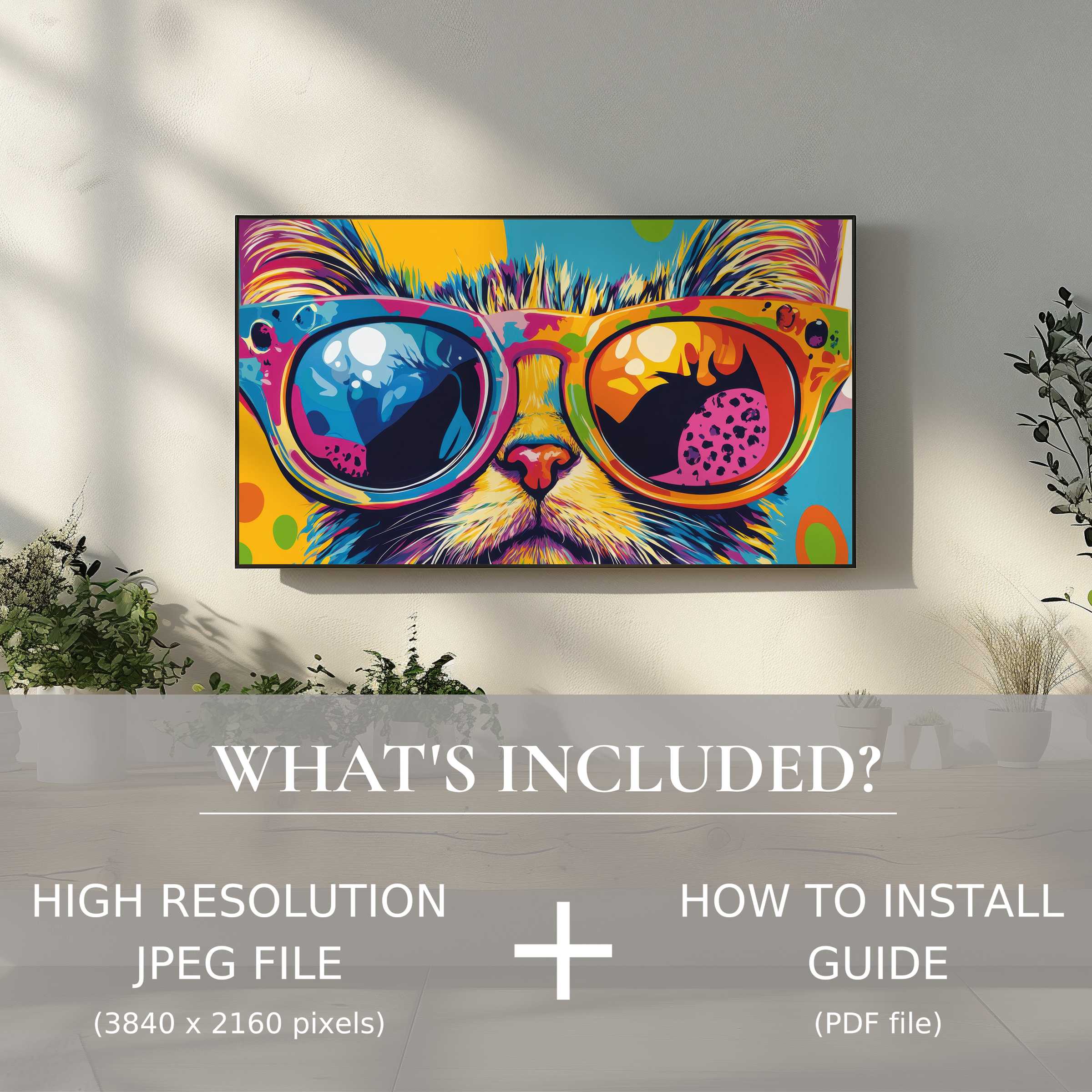 Stylish living space enhanced by colorful pop art digital TV art download, easy to use with instant digital files