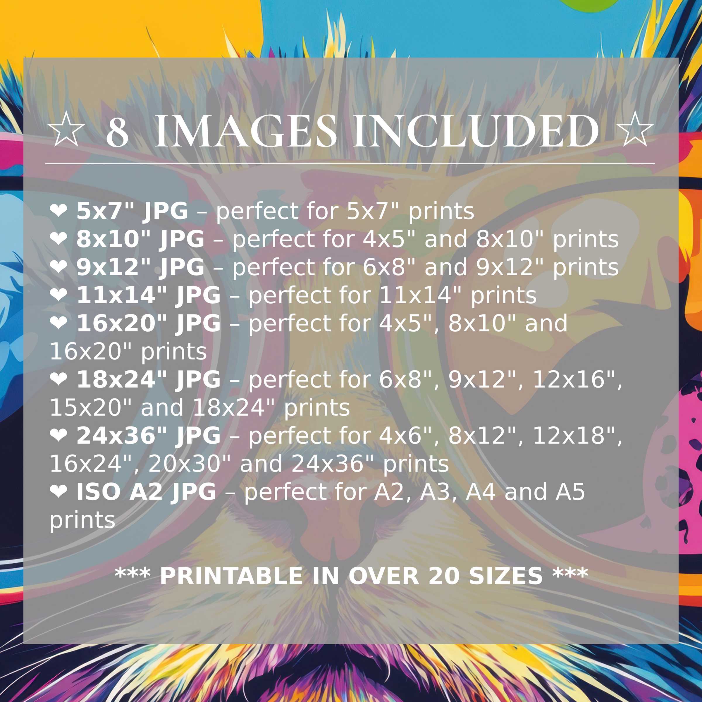 Vibrant pop art digital print radiates bold blues, yellows, and pinks, included in 8 high-quality sizes for versatile, stylish modern interiors