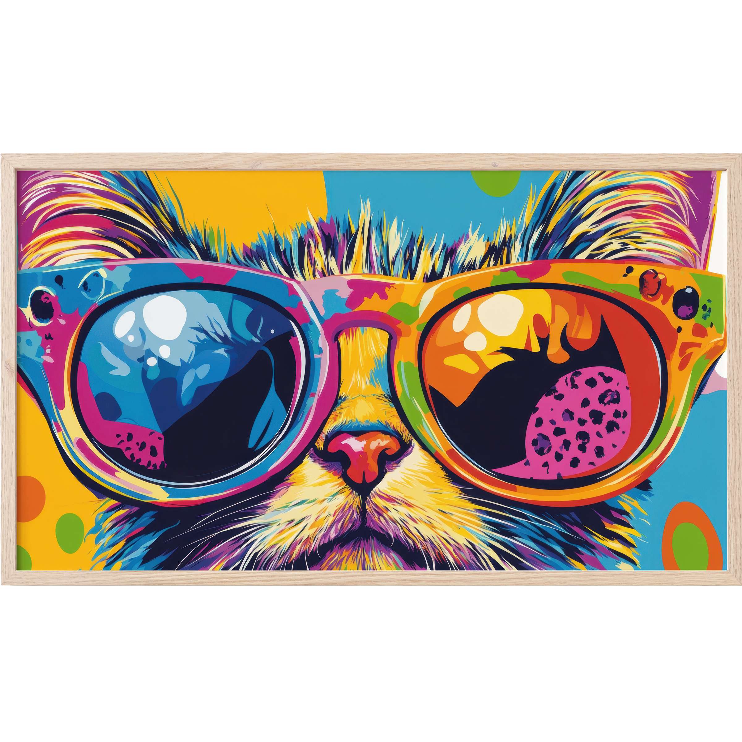 Vibrant cat in oversized, multicolored sunglasses with bold hues and sharp contrasts, pop art Frame TV Art