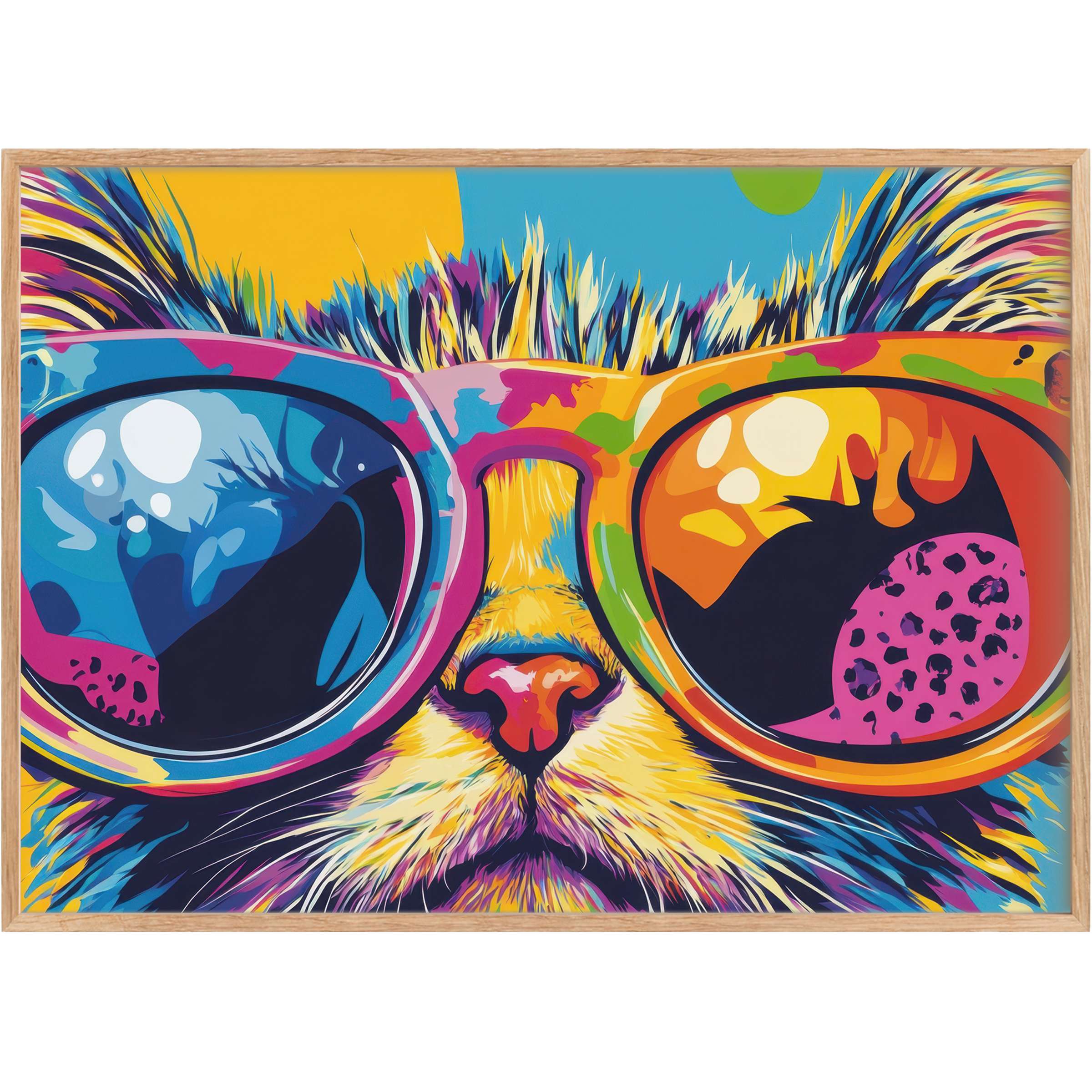 Vibrant pop art printable wall art of a cat in kaleidoscopic hues, radiating bold energy with electric blues and fiery oranges