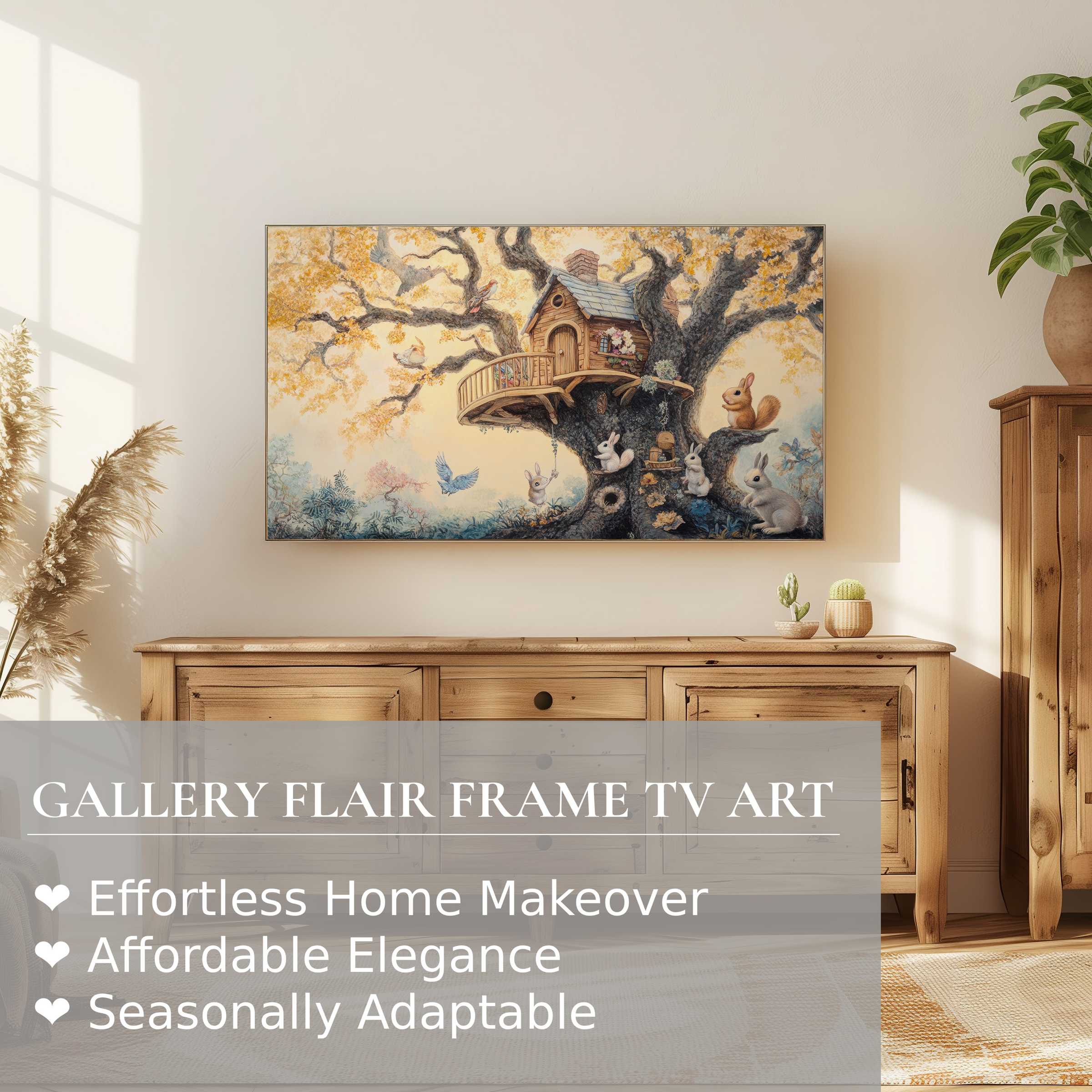 Elegant nursery digital artwork on Samsung Frame TV featuring a whimsical treehouse scene in warm tones