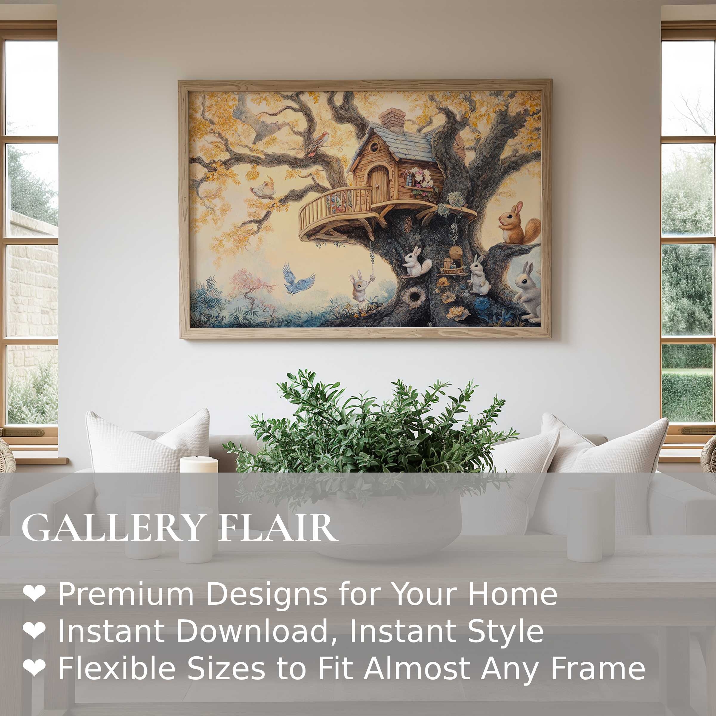 Nursery wall art print featuring a whimsical treehouse scene with gentle woodland animals, adding soft charm to modern nursery decor