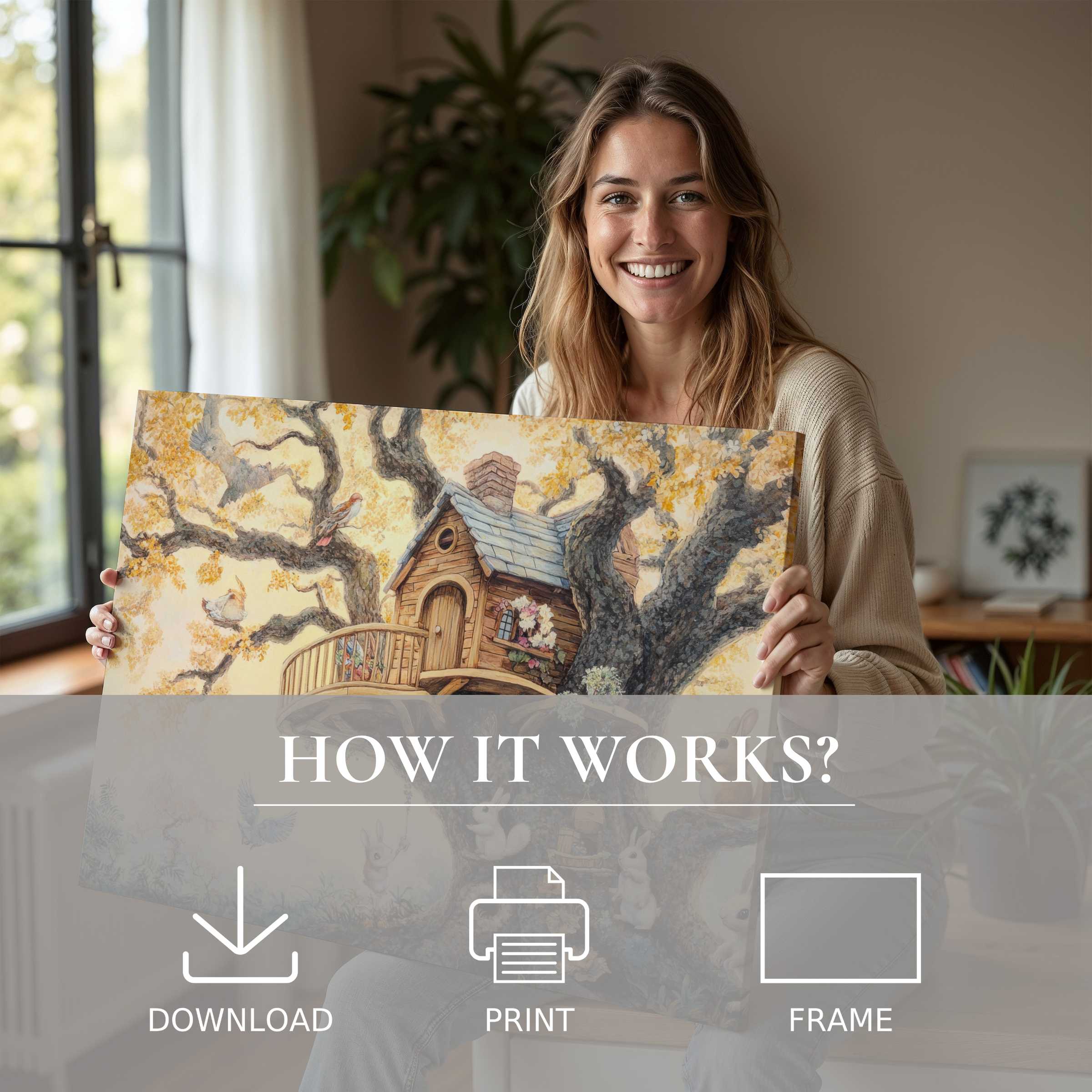 Joyful moment in a modern home showcasing a nursery digital art print, evoking warmth and effortless style