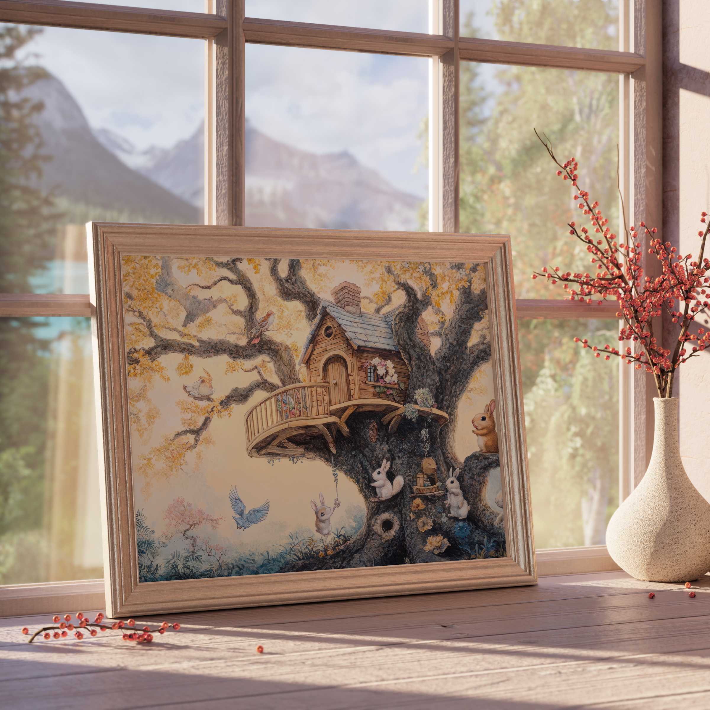 Nursery downloadable art featuring a whimsical treehouse with gentle bunnies and birds, perfect for serene, stylish children’s rooms