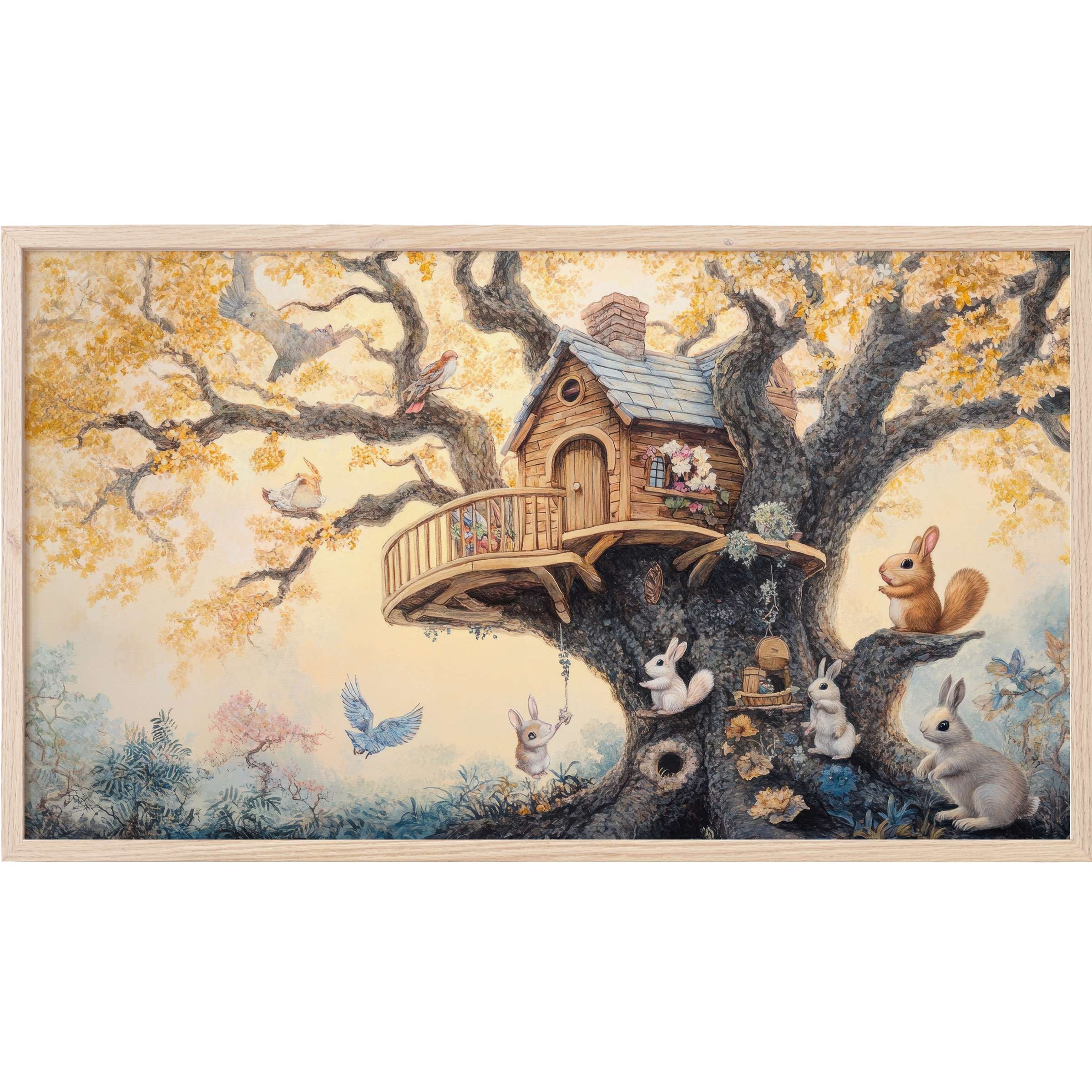 Whimsical treehouse with soft autumn hues and woodland creatures, perfect nursery Frame TV Art for a serene space