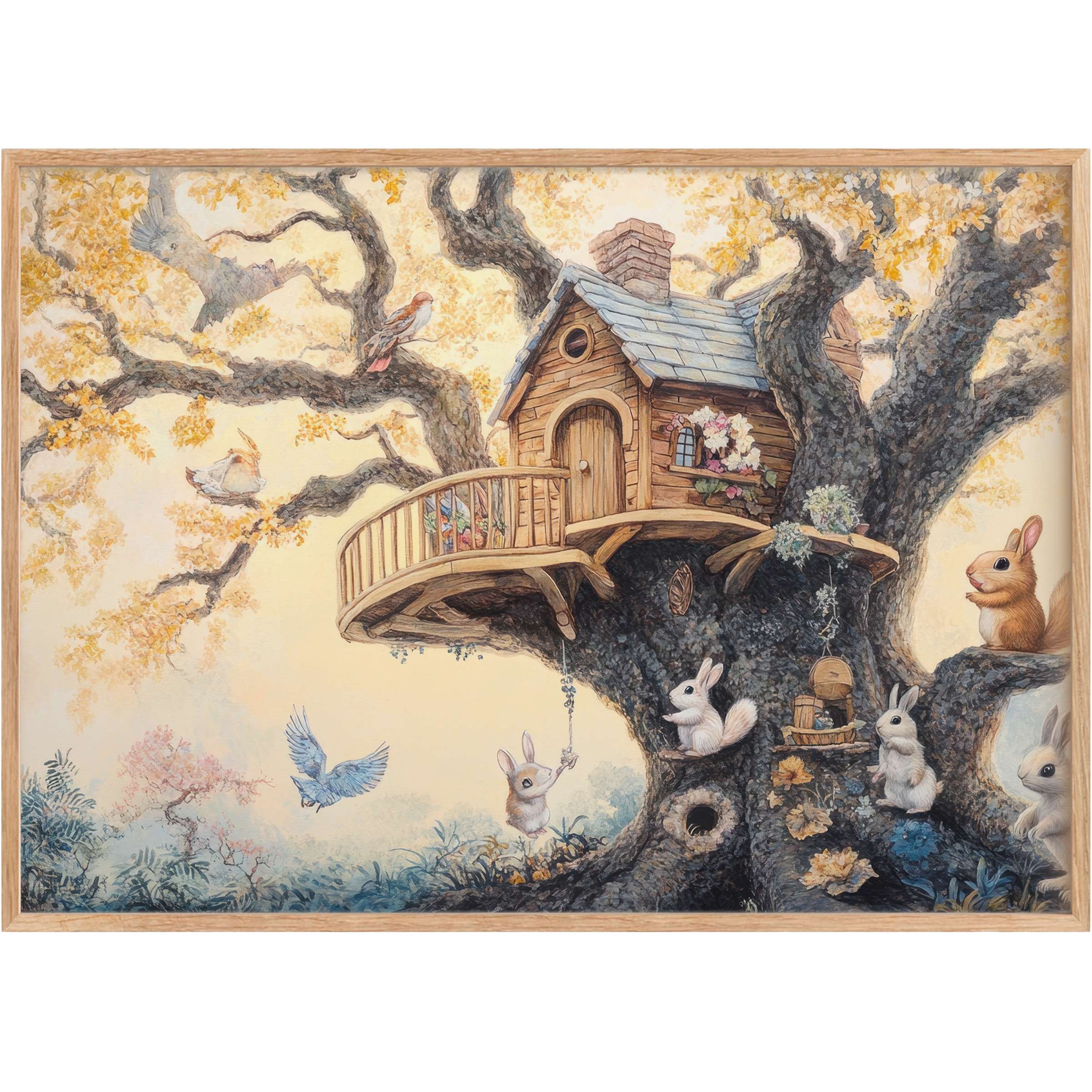 Whimsical nursery printable wall art with golden autumn hues and playful woodland creatures evokes a serene, enchanting atmosphere