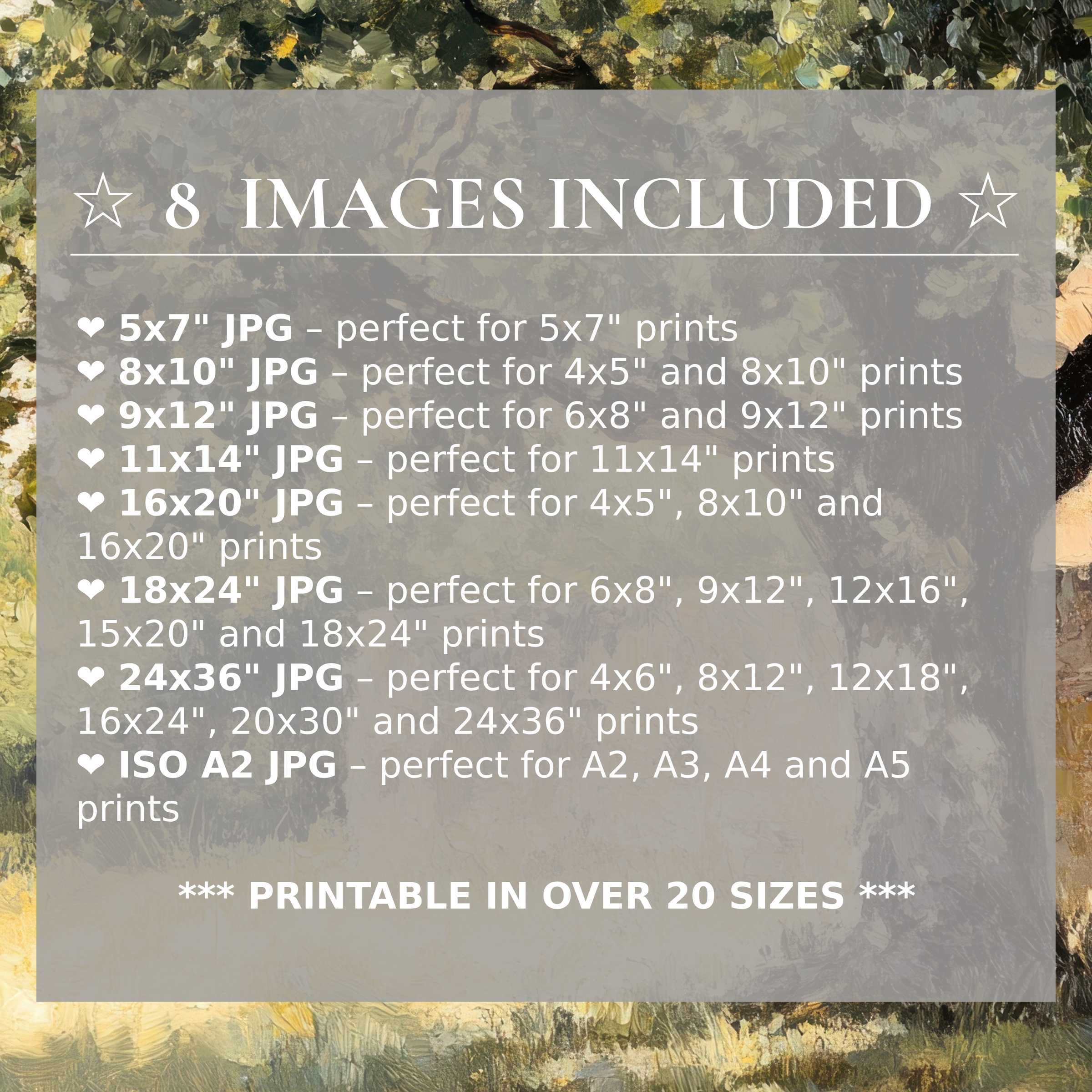 Print size guide showing 8 included JPG formats for versatile wall art printing – perfect for framing in popular sizes from 5x7 to 24x36 and A2