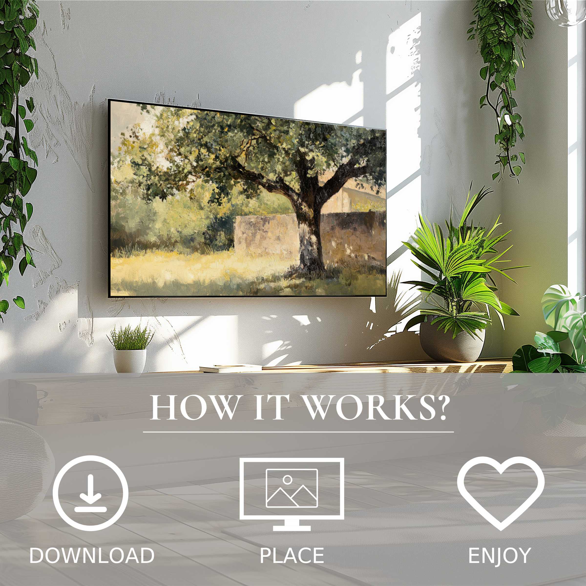 Tree art for Samsung TV shows soft sunset tones; easy digital download enriches modern living spaces with nature
