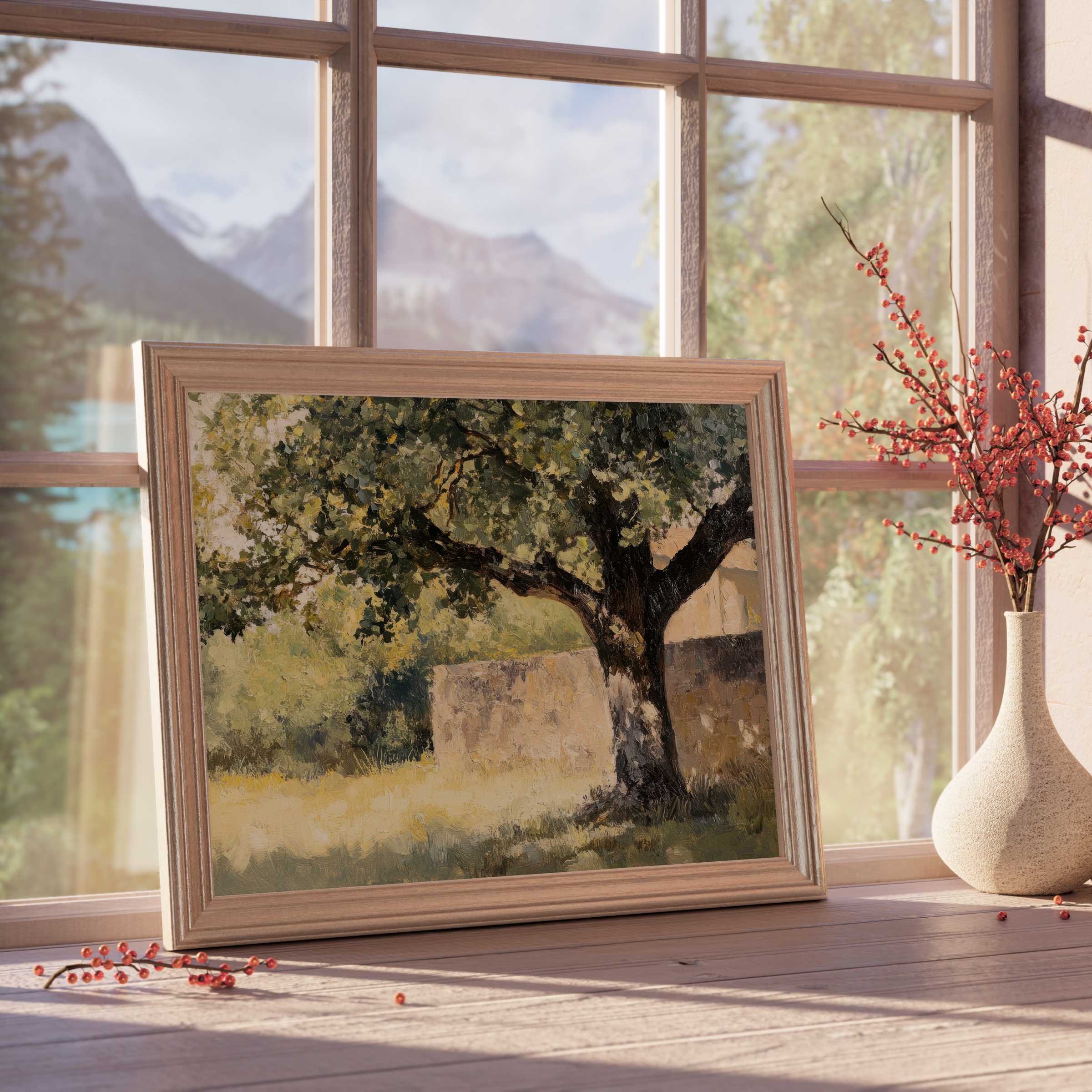 Golden sunlight filters through leaves in this tree downloadable art, inviting warmth and serene elegance into curated modern interiors