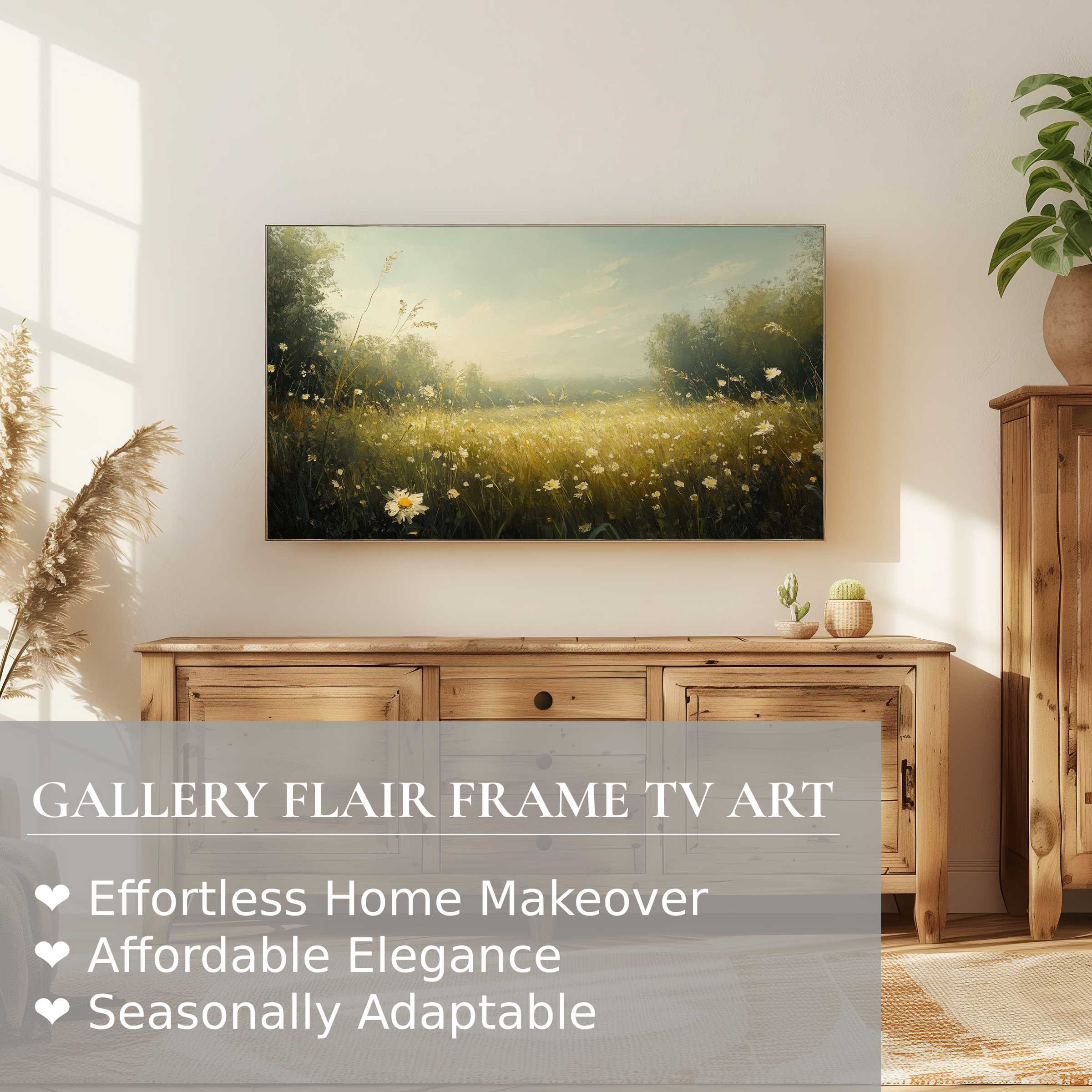 Samsung Frame TV displaying serene botanical digital artwork of a sunlit meadow, enhancing modern refined decor