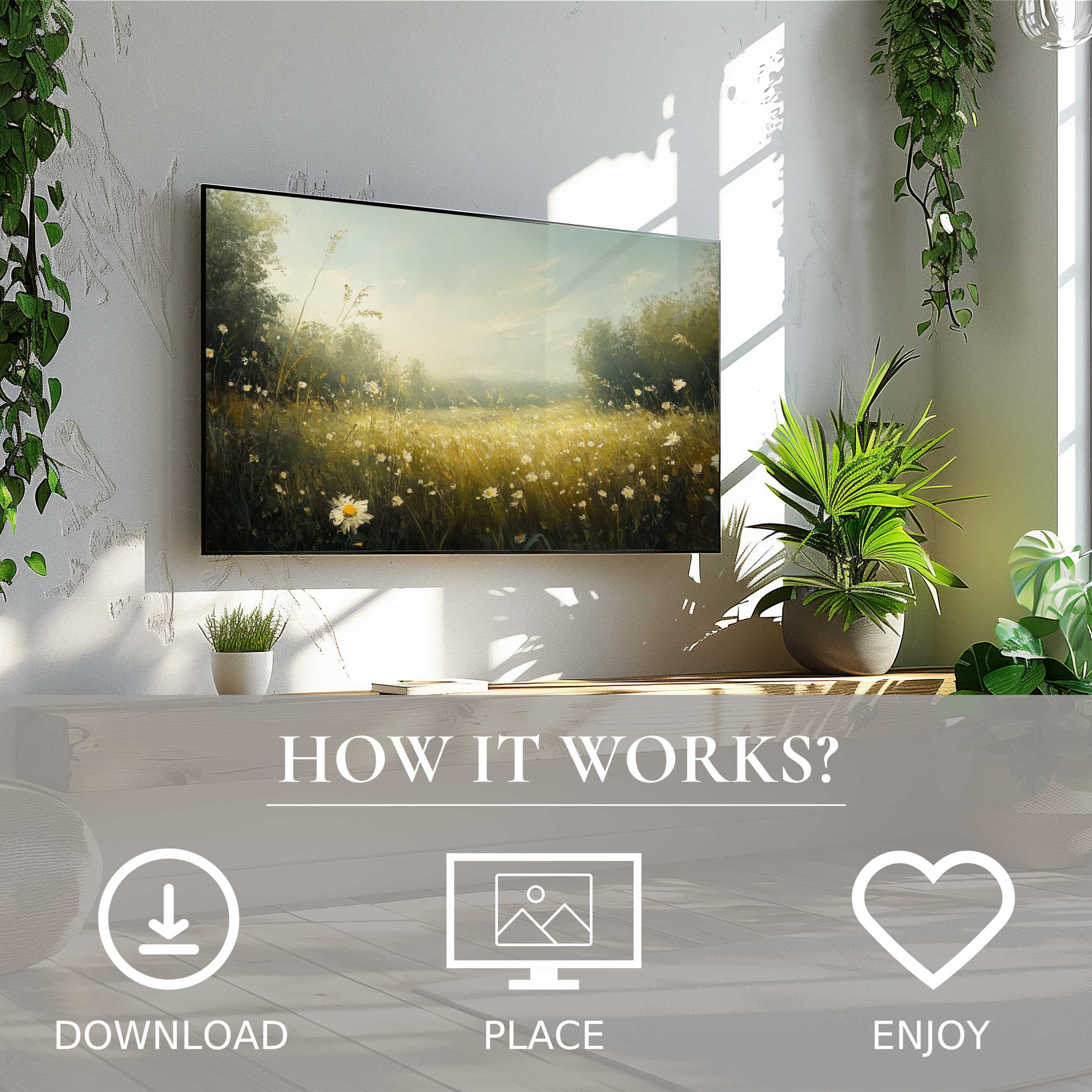 Modern living room with botanical art for Samsung TV, soft nature tones enhance space, easy digital download decor