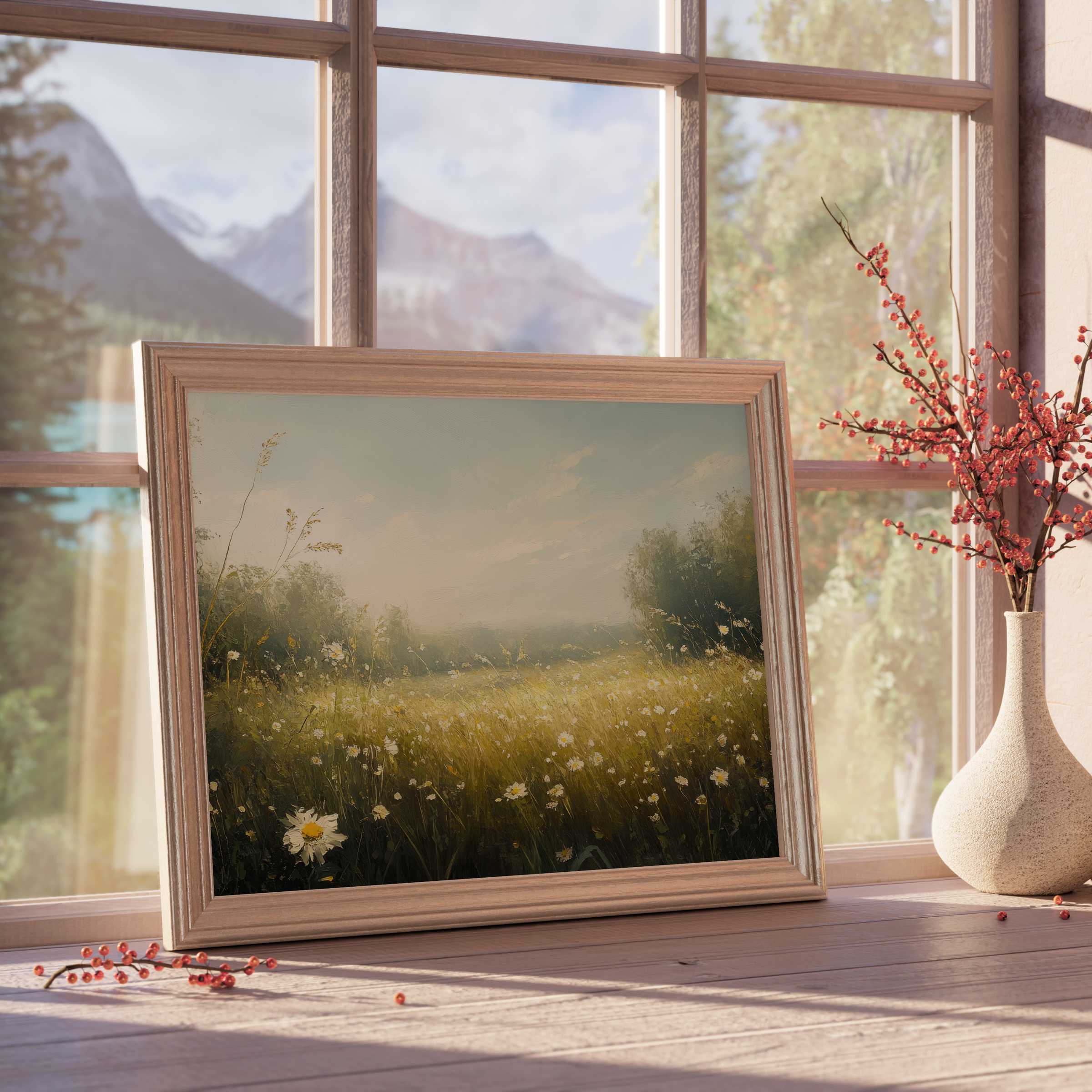 Botanical downloadable art featuring a serene wildflower meadow, enriching elegant interiors with warm, tranquil charm and timeless natural beauty