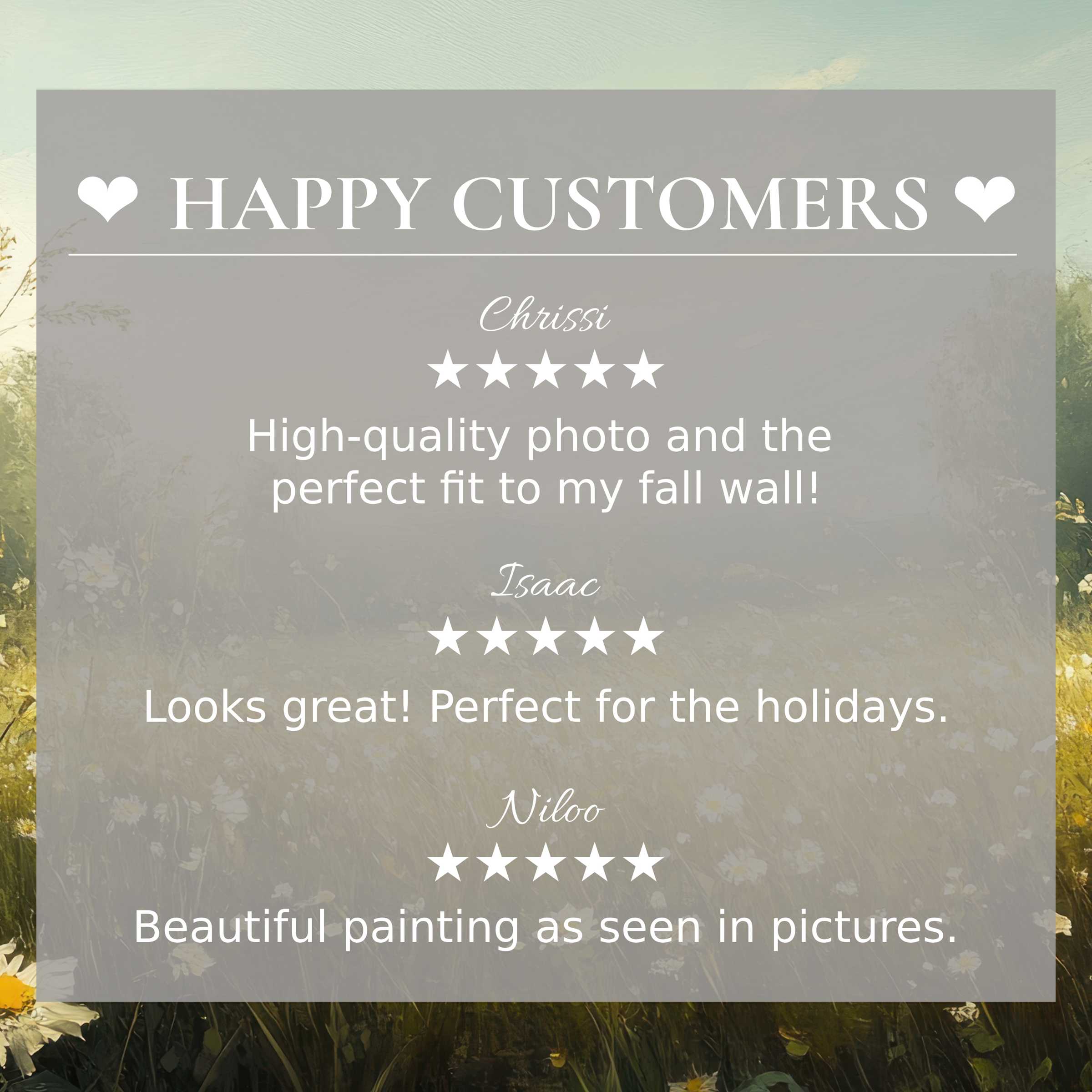 Happy customer reviews with botanical art for Frame TV on a soft green meadow background, evoking trust and elegance