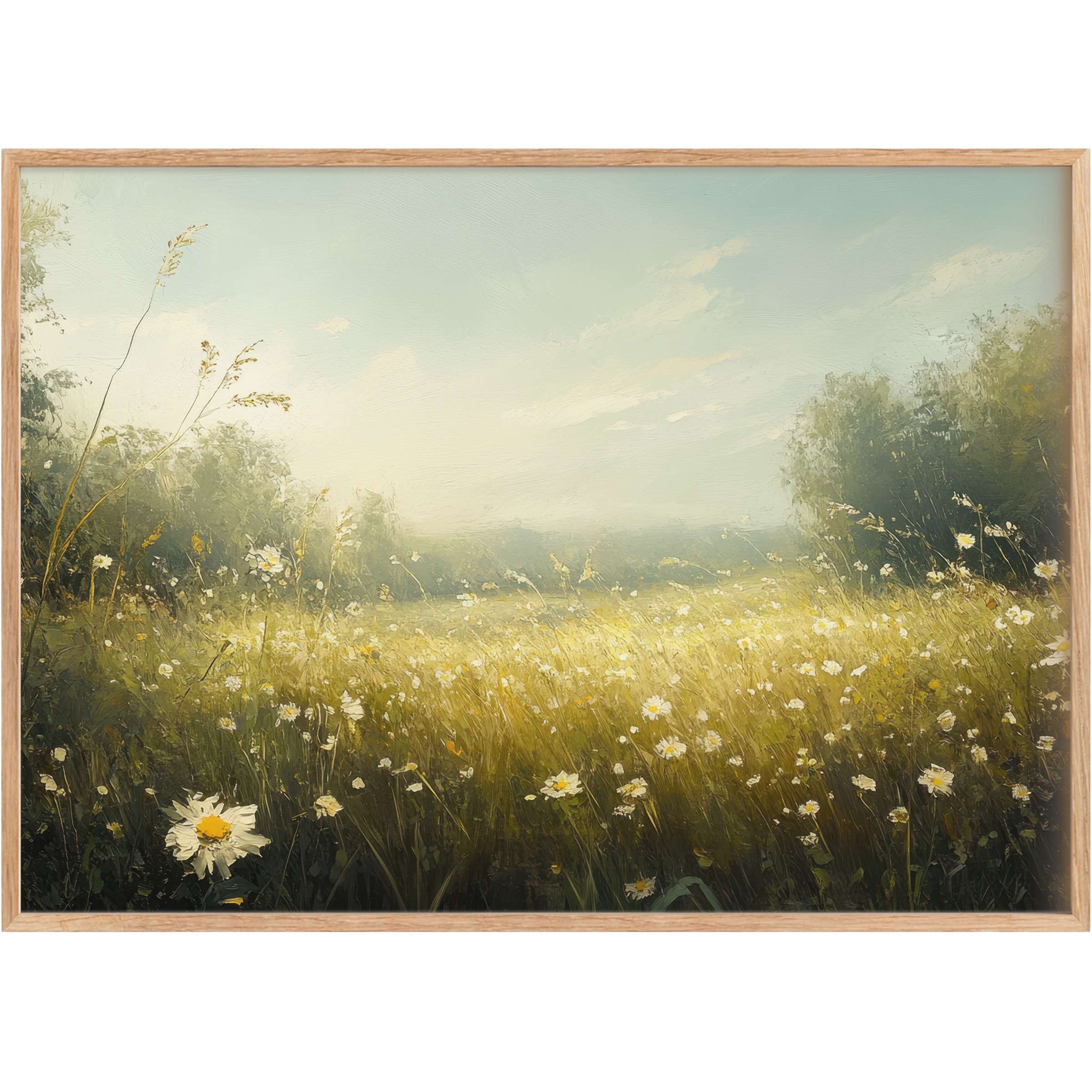 Botanical printable wall art captures a sunlit meadow in soft gold and sage tones, evoking serene warmth and timeless elegance