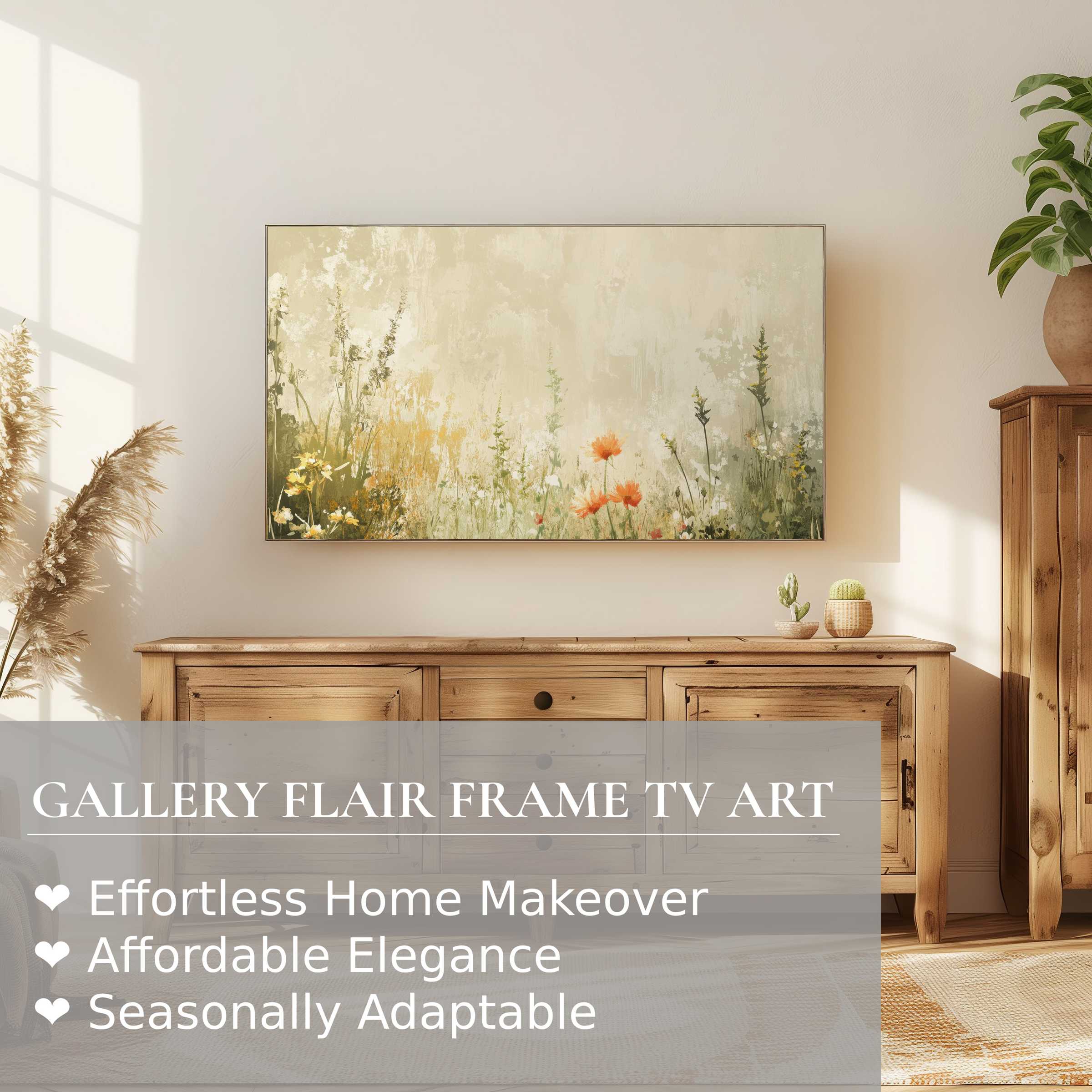 Samsung Frame TV displaying vintage digital artwork of soft wildflowers in a warm, natural living room setting