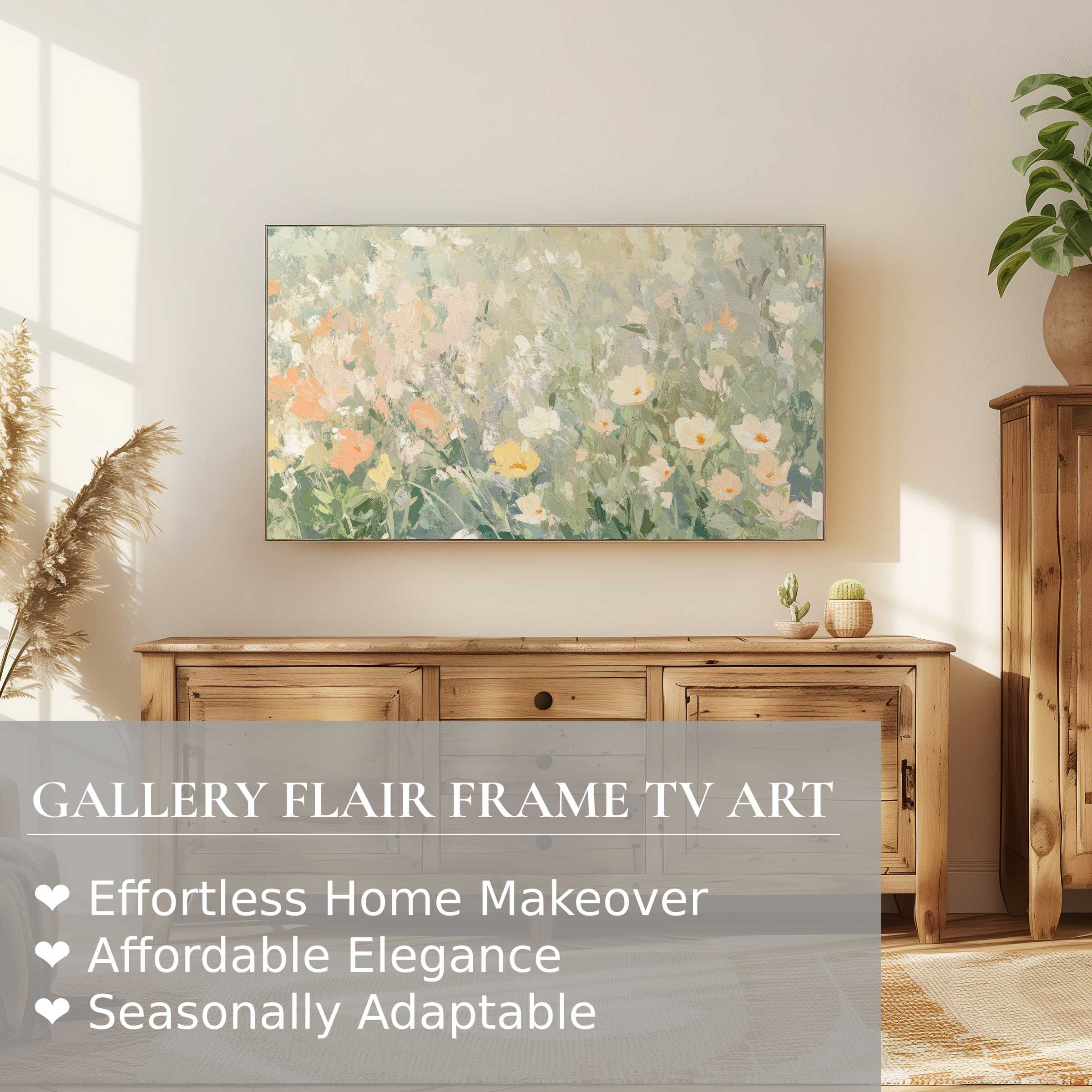 Modern living room with Samsung Frame TV displaying delicate floral digital artwork in soft pastel hues