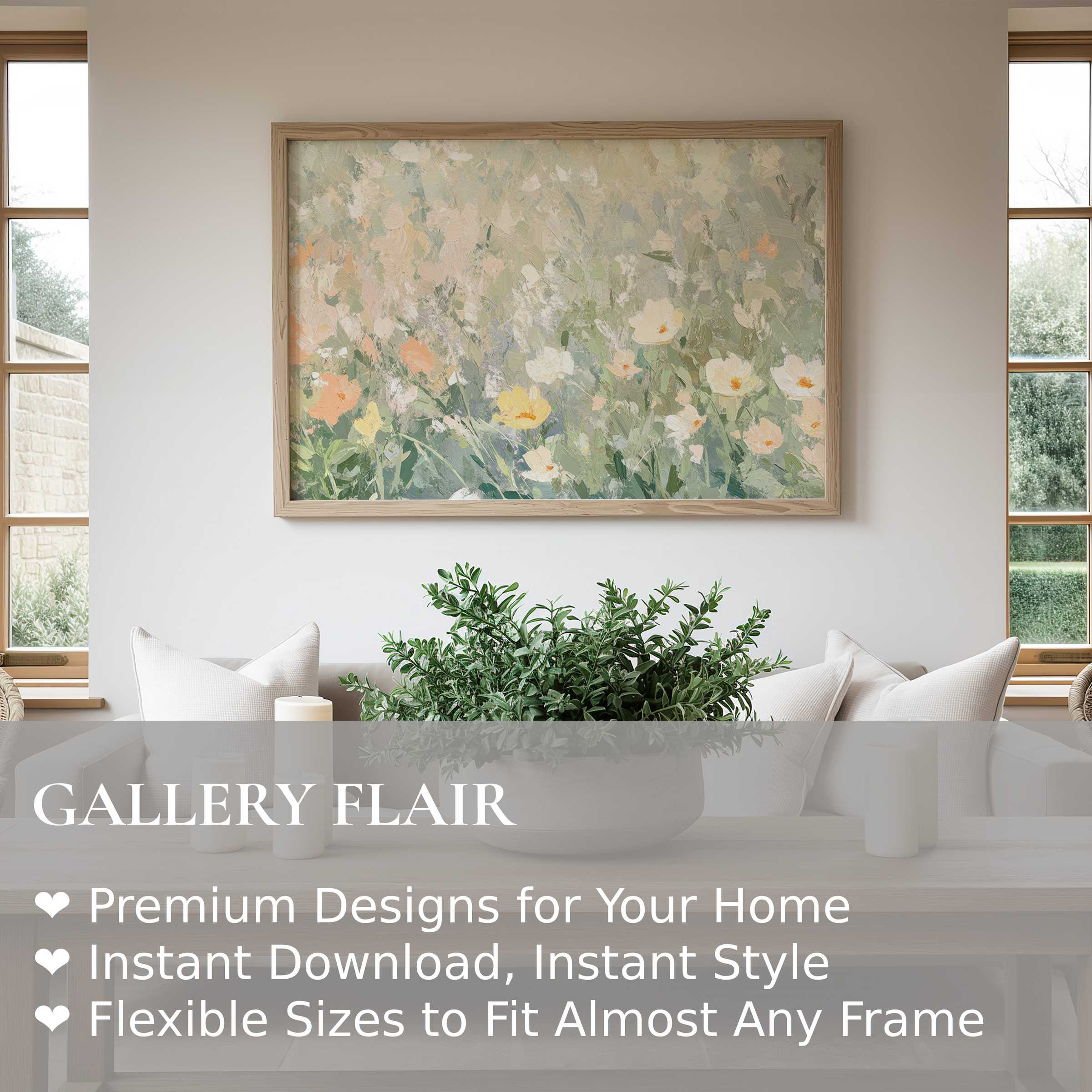 Soft, radiant floral wall art print in serene pastels enhances this modern, airy living room with timeless botanical elegance