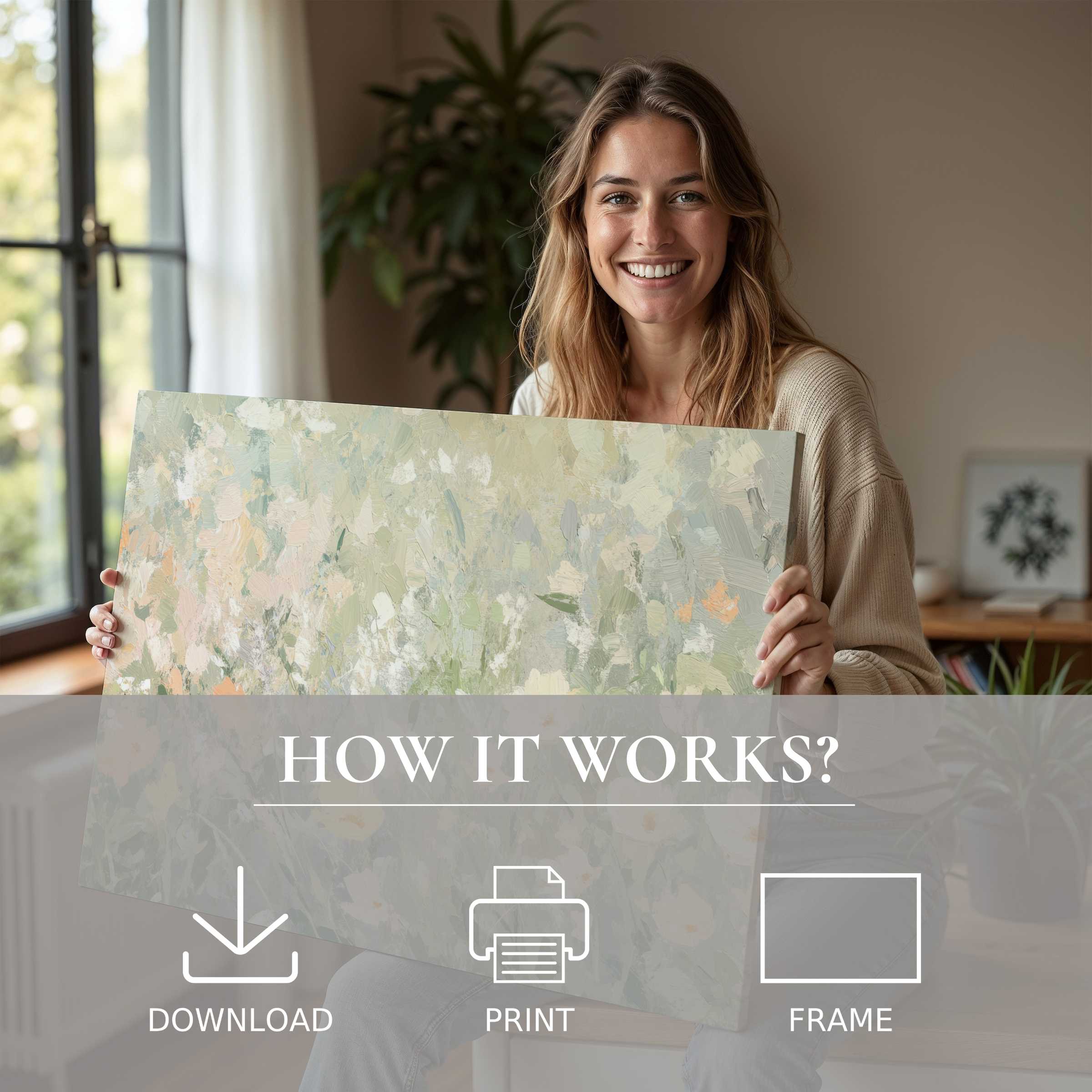 A radiant moment of connection, showcasing a floral digital art print that transforms modern spaces with serene elegance