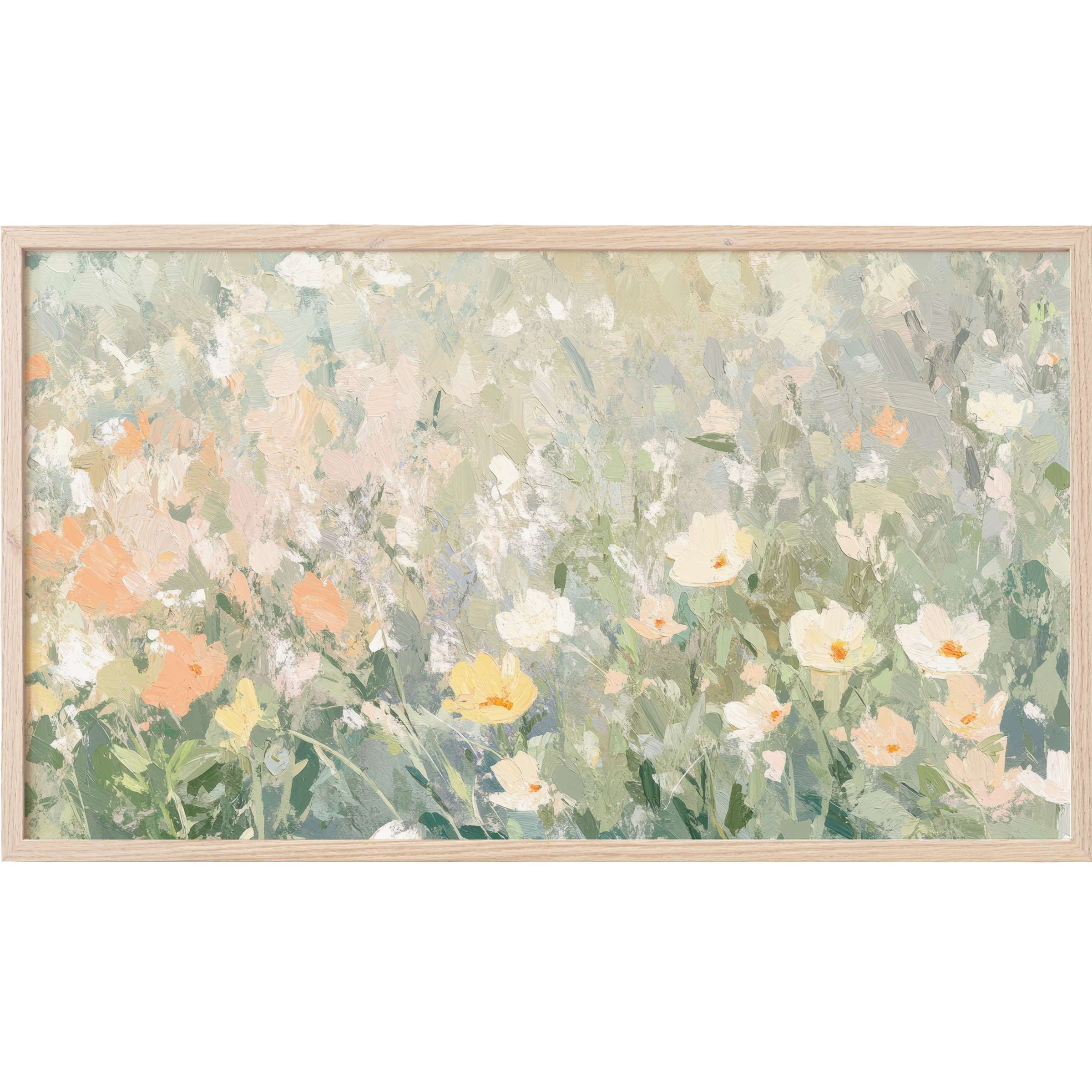 Floral Frame TV Art with soft pastel blossoms in creamy whites, peaches, and sage greens, rendered in textured brushstrokes