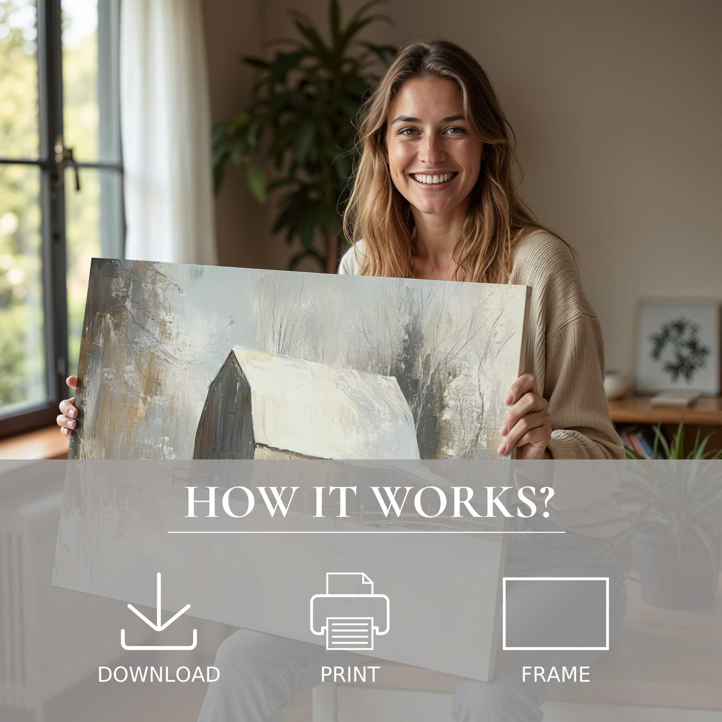 Radiant farmhouse digital art print held in a sunlit modern home, evoking joy and effortless elegance in curated living spaces
