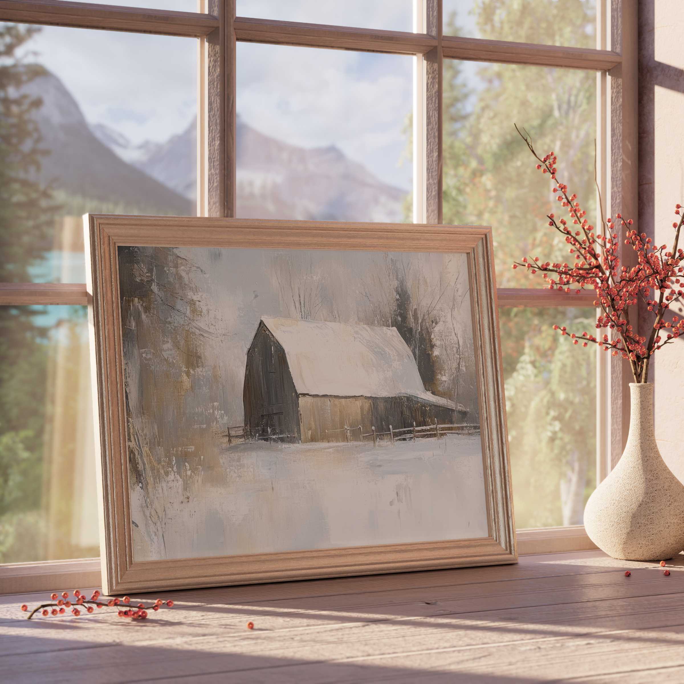 Rustic farmhouse downloadable art captures serene winter stillness, softly framed to elevate cozy, elegant living spaces