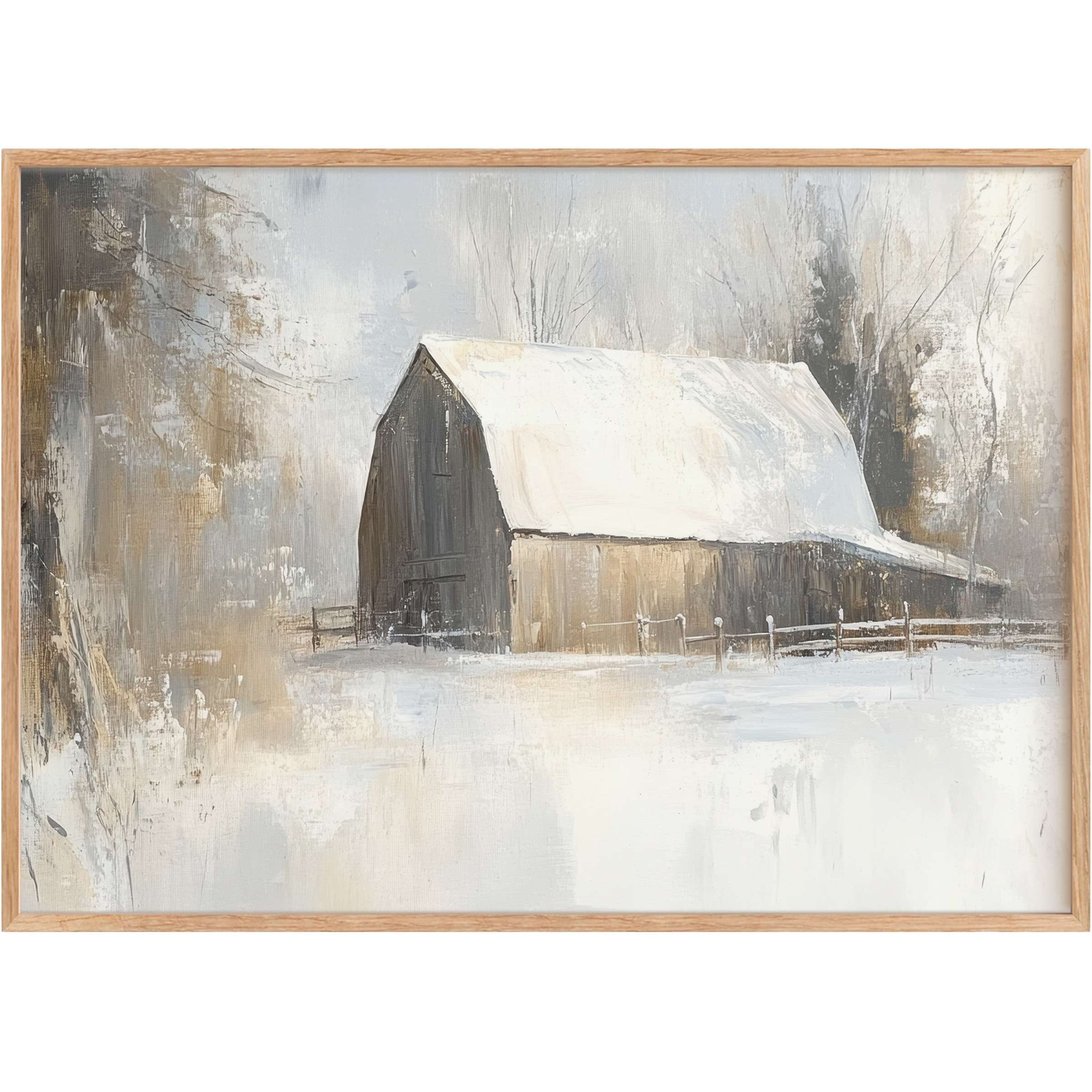 Rustic farmhouse printable wall art featuring a serene winter barn scene in soft grays and warm browns, evoking calm and cozy elegance