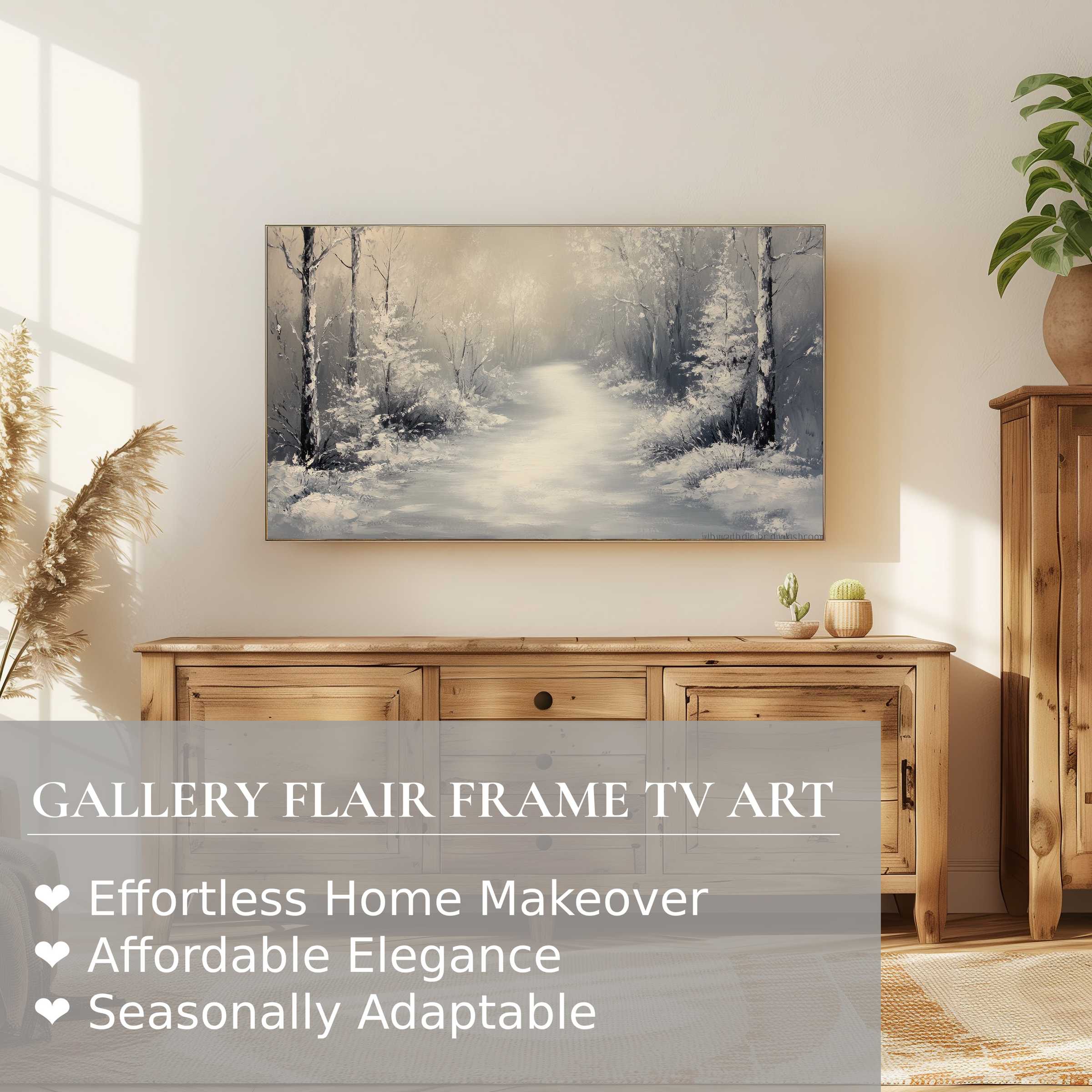 Samsung Frame TV displaying elegant, muted christmas digital artwork in a modern, warm, wood-accented living room