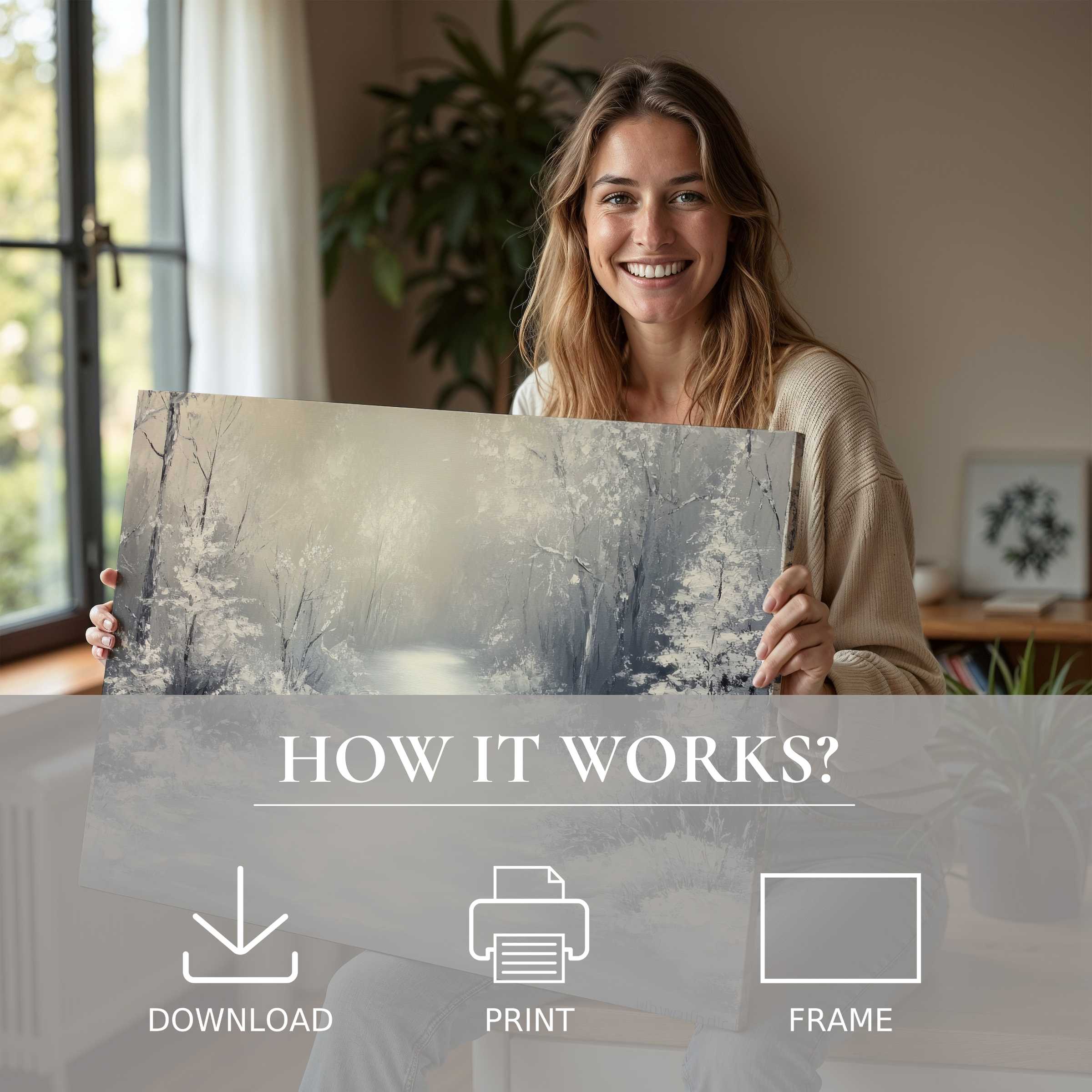 Joy radiates in a modern home where a serene Christmas digital art print captures timeless winter tranquility, inspiring heartfelt connection