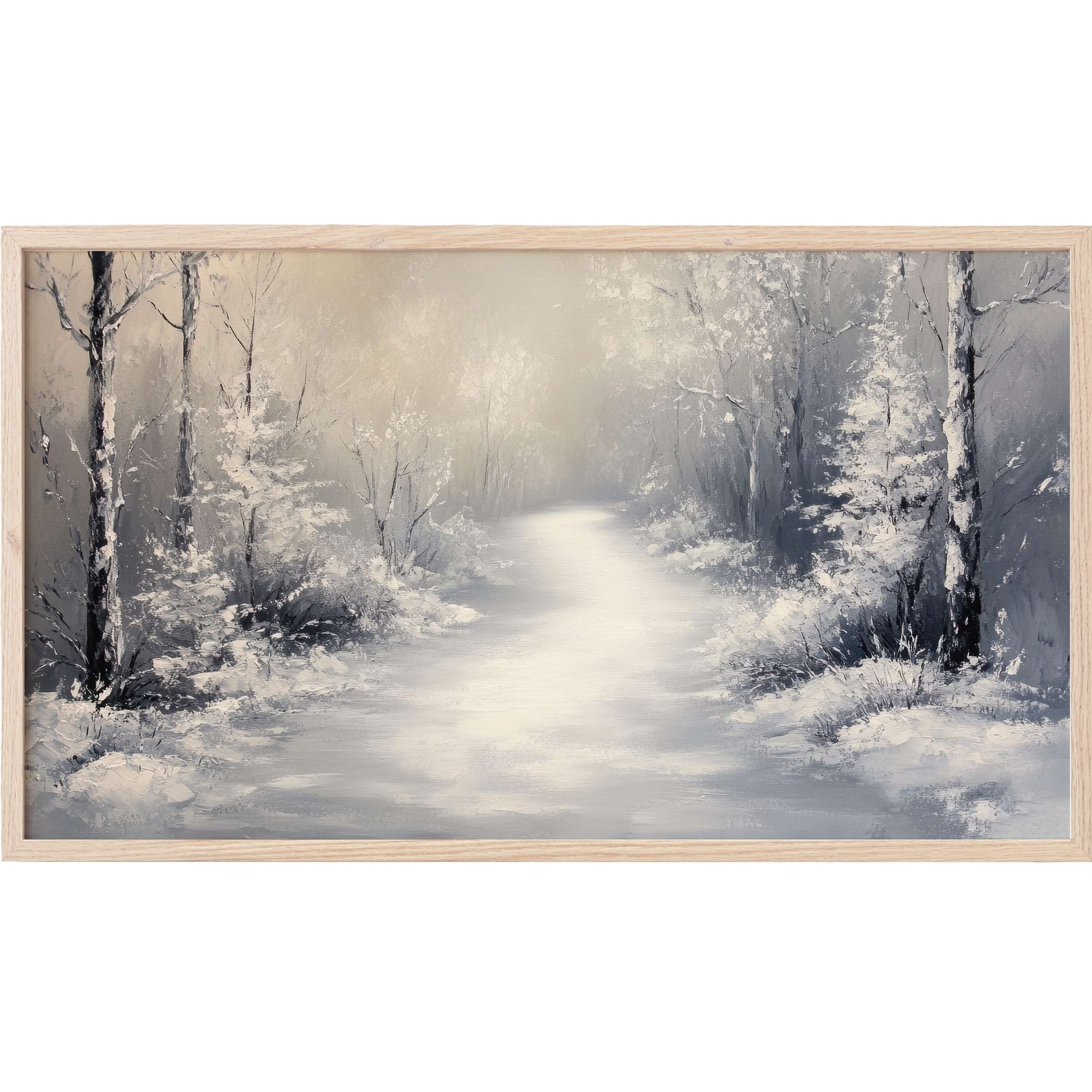 Serene winter forest path in soft grays and whites, elegant christmas Frame TV Art with a modern, minimalist style