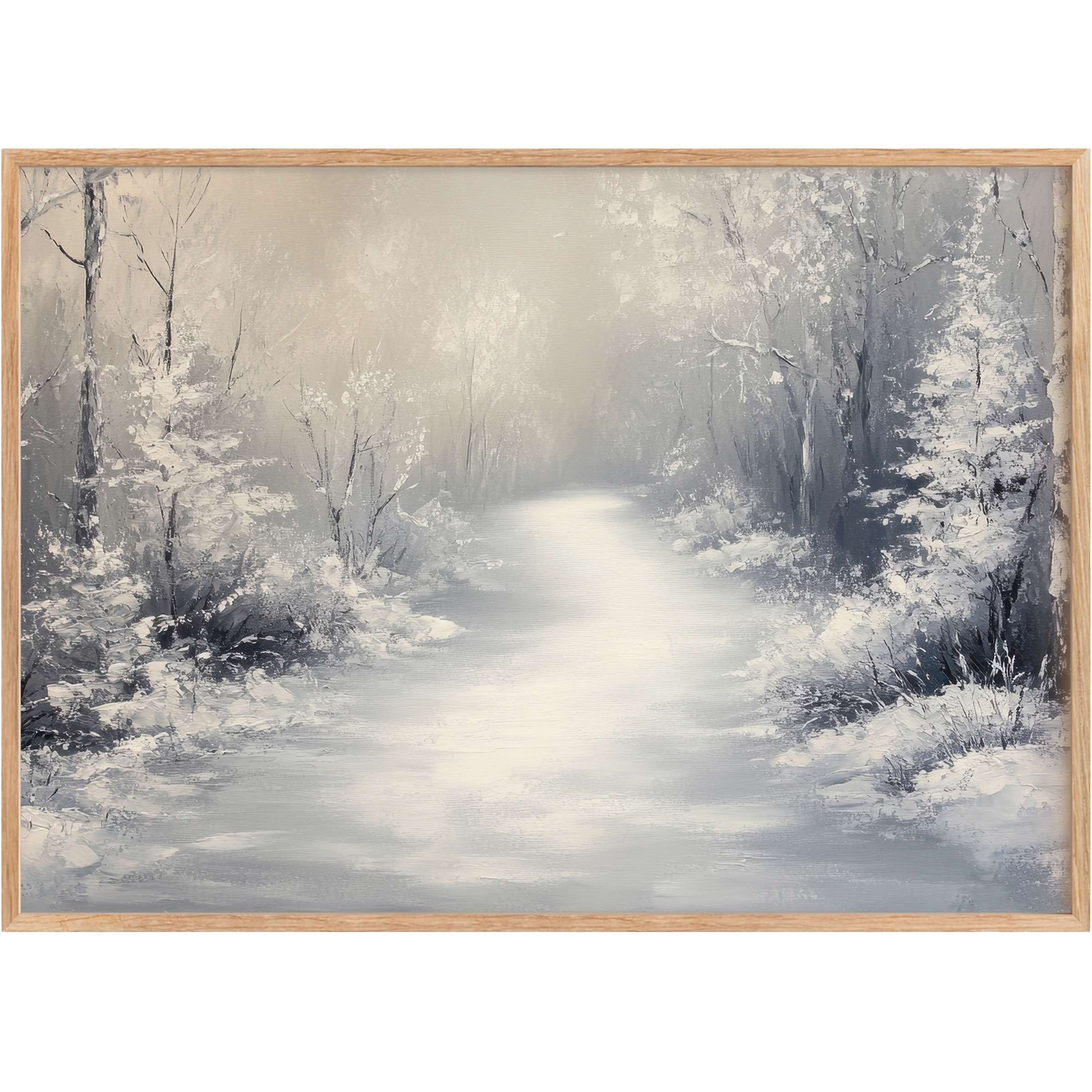 Serene Christmas printable wall art capturing a tranquil snow-covered forest path in soft grays and whites, evoking calm elegance