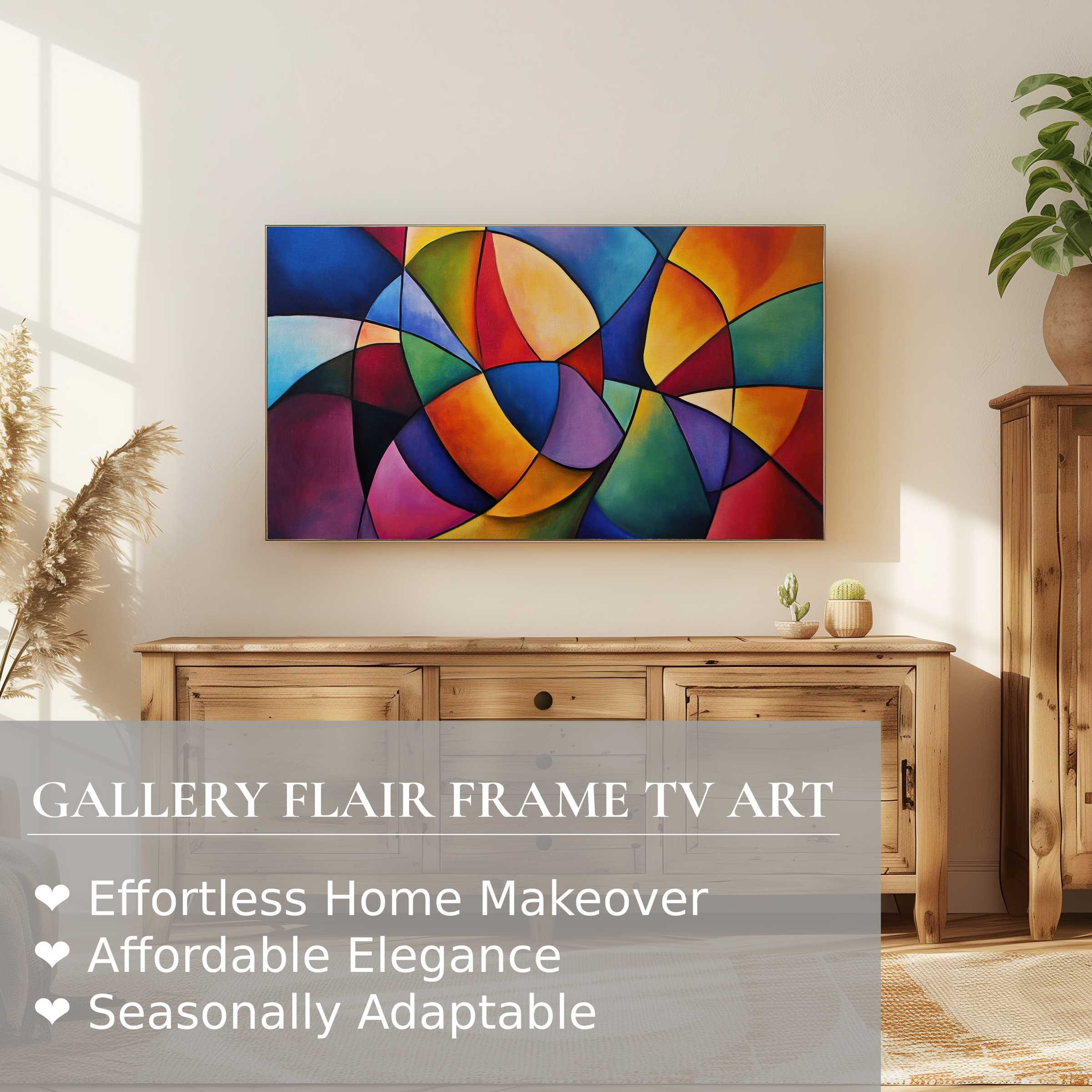 Vibrant modern digital artwork on Samsung Frame TV elevates serene, sunlit room with natural wood and greenery