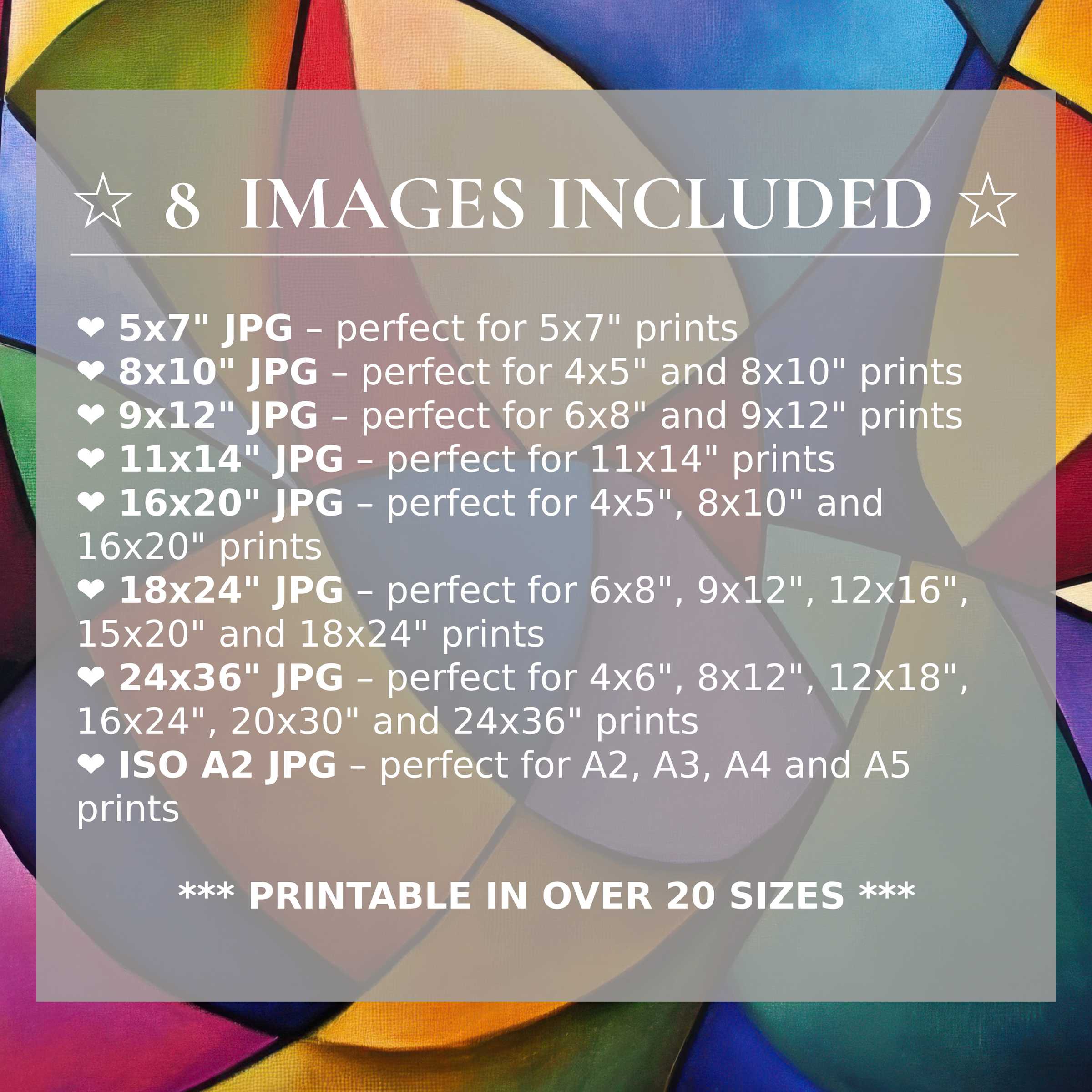 Radiant modern digital print in bold blues, reds, and golds, included in 8 premium sizes to elevate stylish interiors