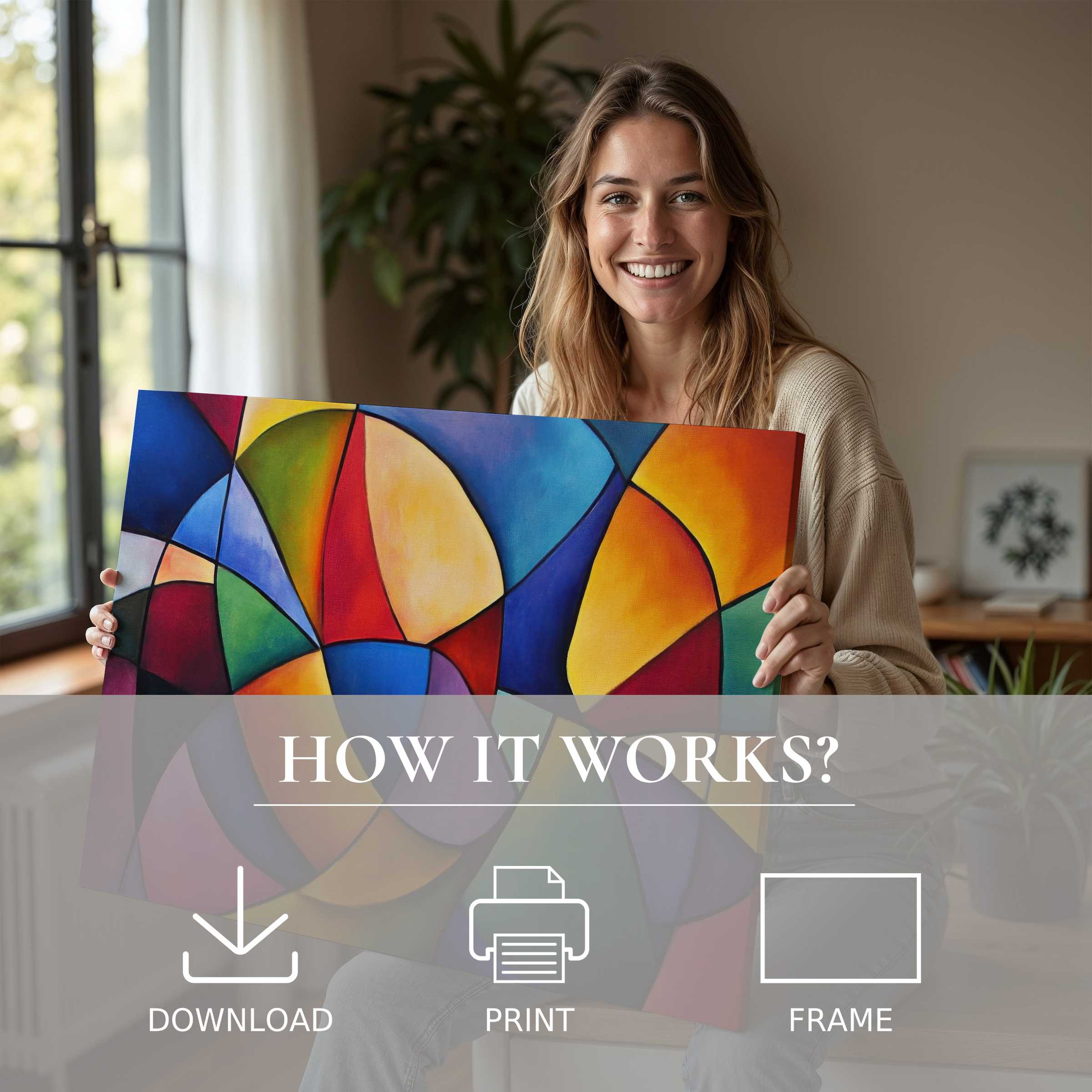 Joyful connection with modern digital art print enriches stylish living spaces, blending vibrant colors with effortless elegance