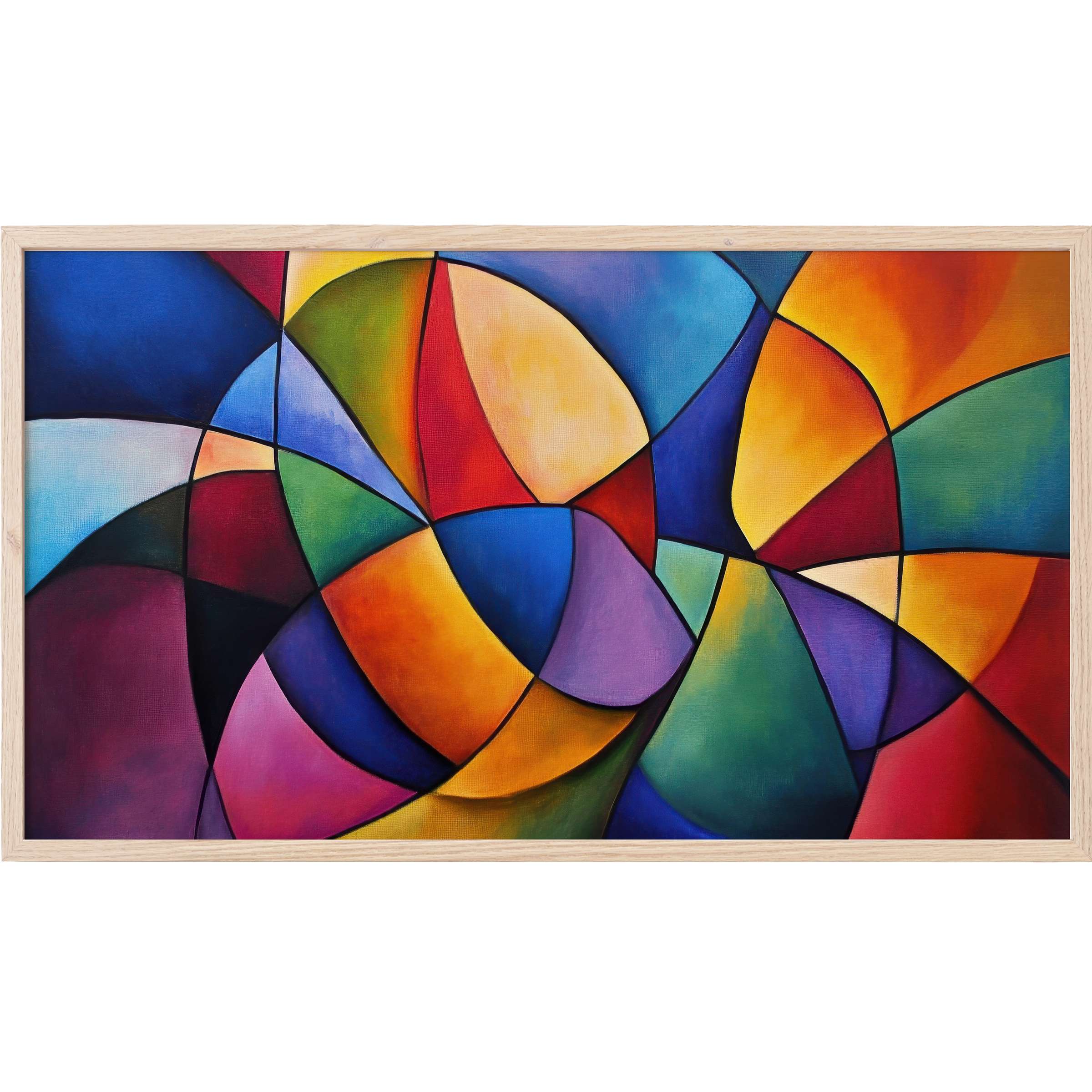 Vibrant abstract composition in bold blues, reds, and yellows with fluid shapes, perfect modern Frame TV Art