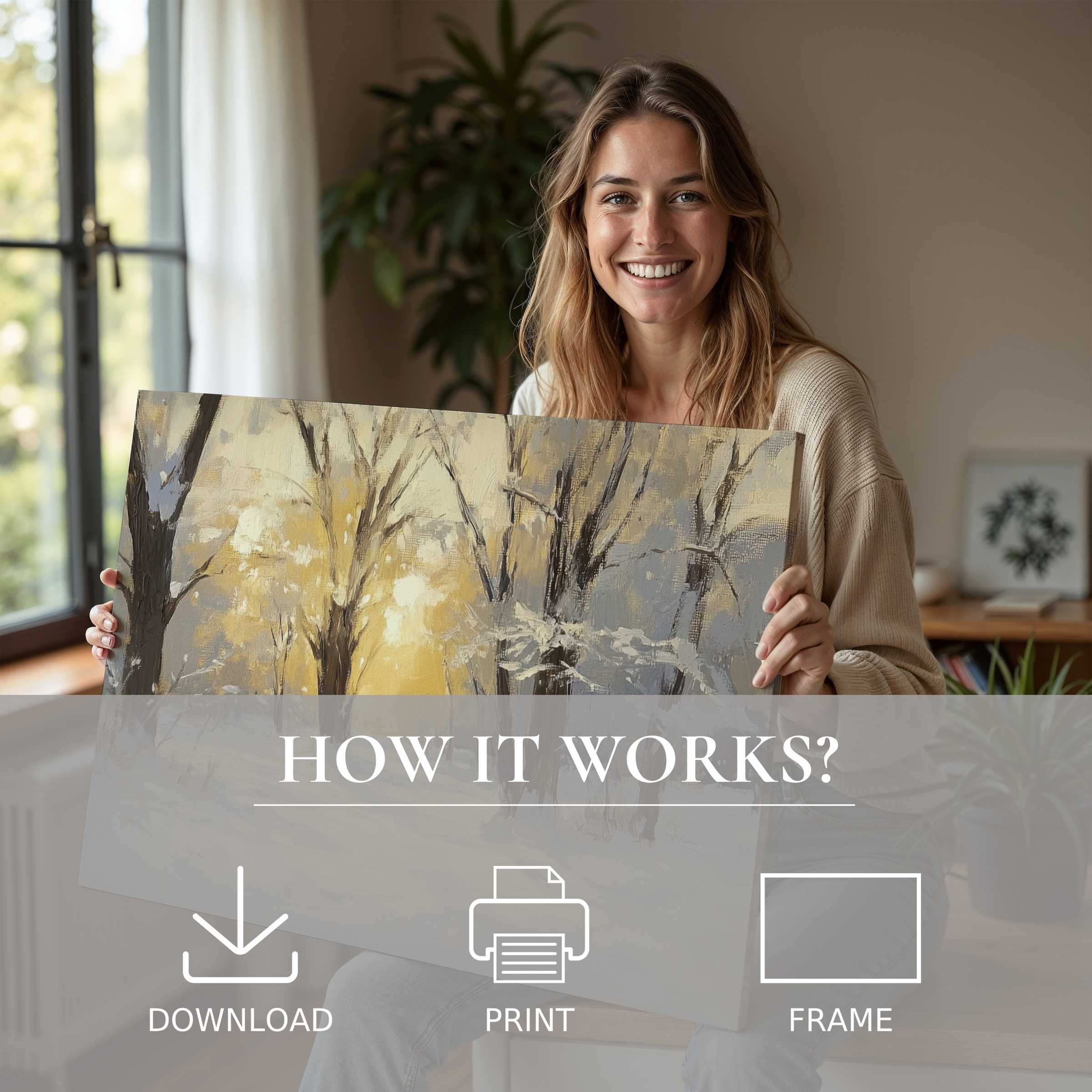 Warm winter digital art print embraced in a chic living space, inspiring joy and effortless elegance in home decor