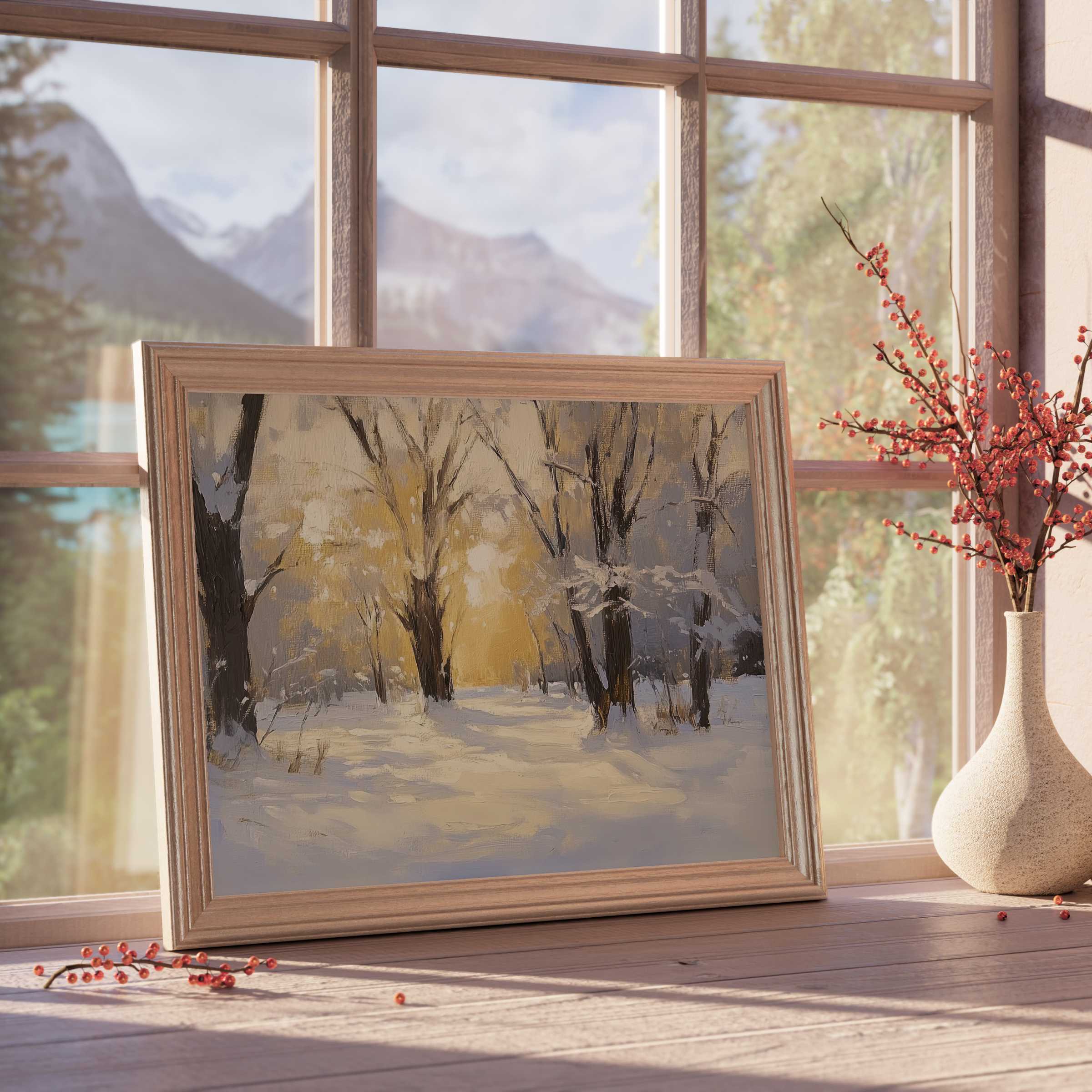 Winter downloadable art capturing golden light through frosted trees, infusing serene, curated interiors with warm, natural elegance