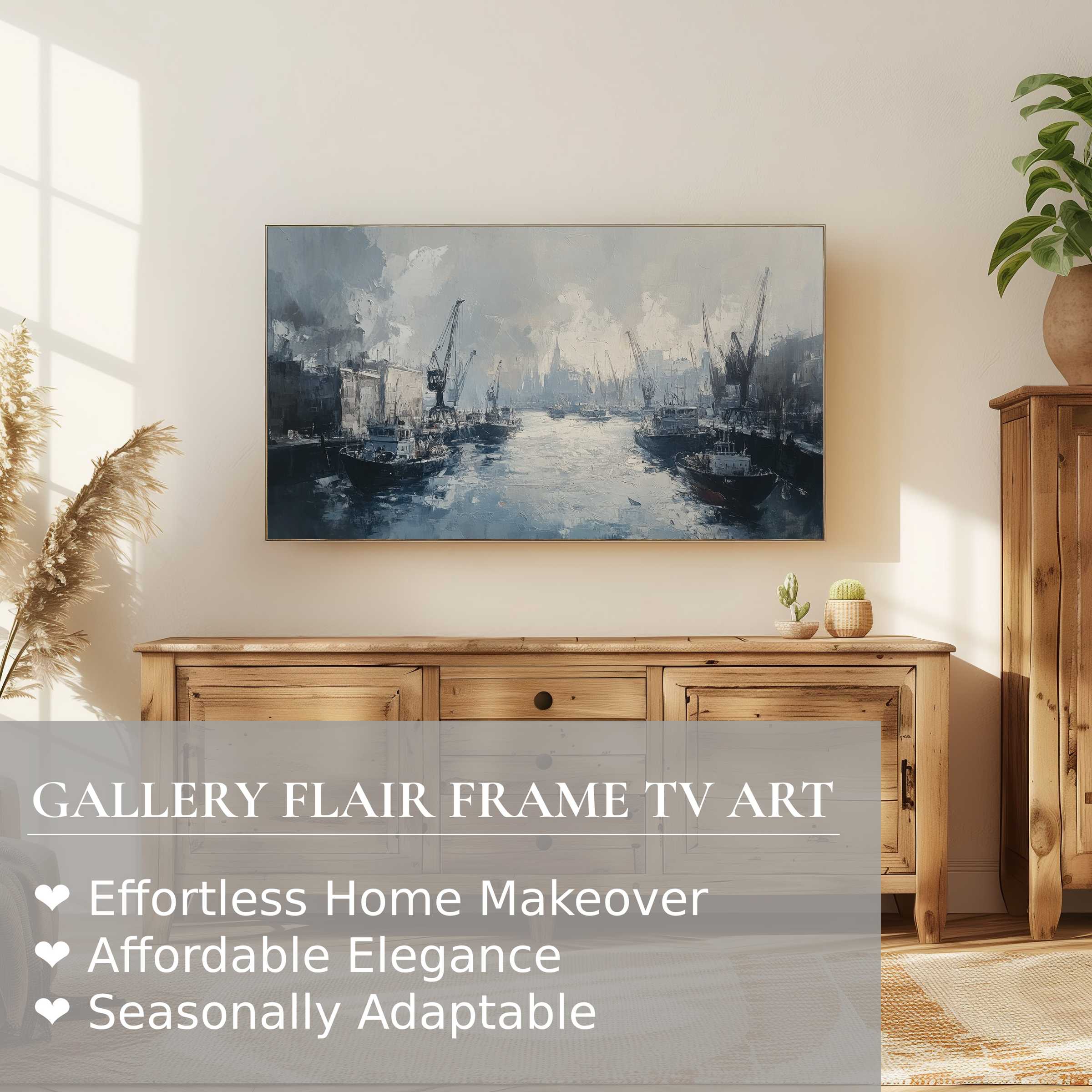 Elegant urban digital artwork of a misty harbor on Samsung Frame TV in a warm, modern living space