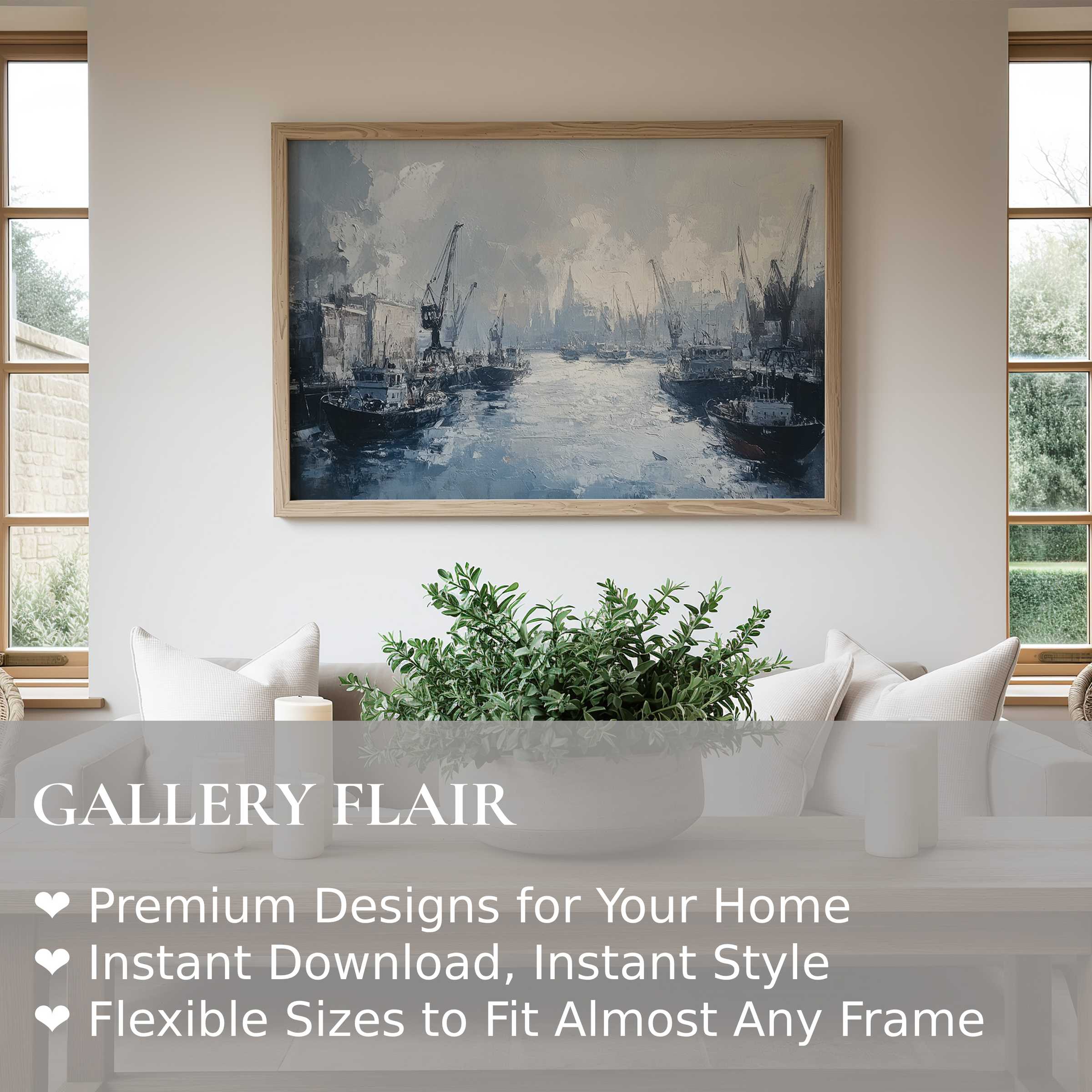 Urban art wall art print capturing a moody harbor scene with textured brushwork; enhances modern minimalist living spaces with bold, atmospheric charm