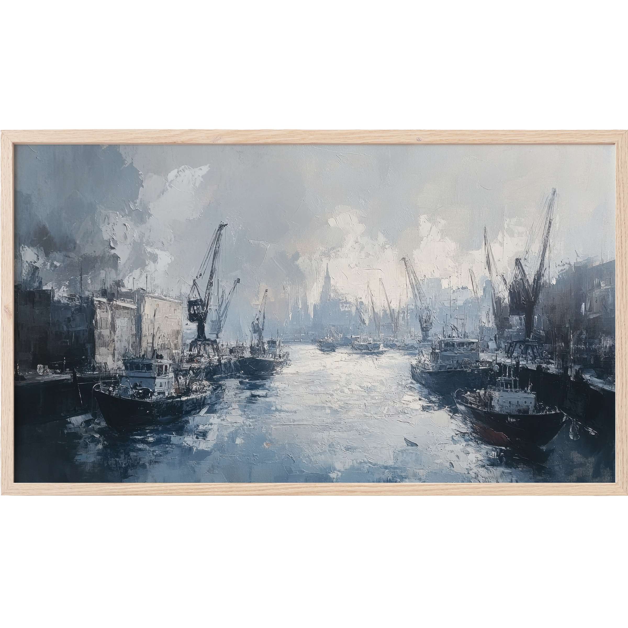 Moody harbor scene in muted blues and grays with ships and cranes, perfect for urban Frame TV Art lovers
