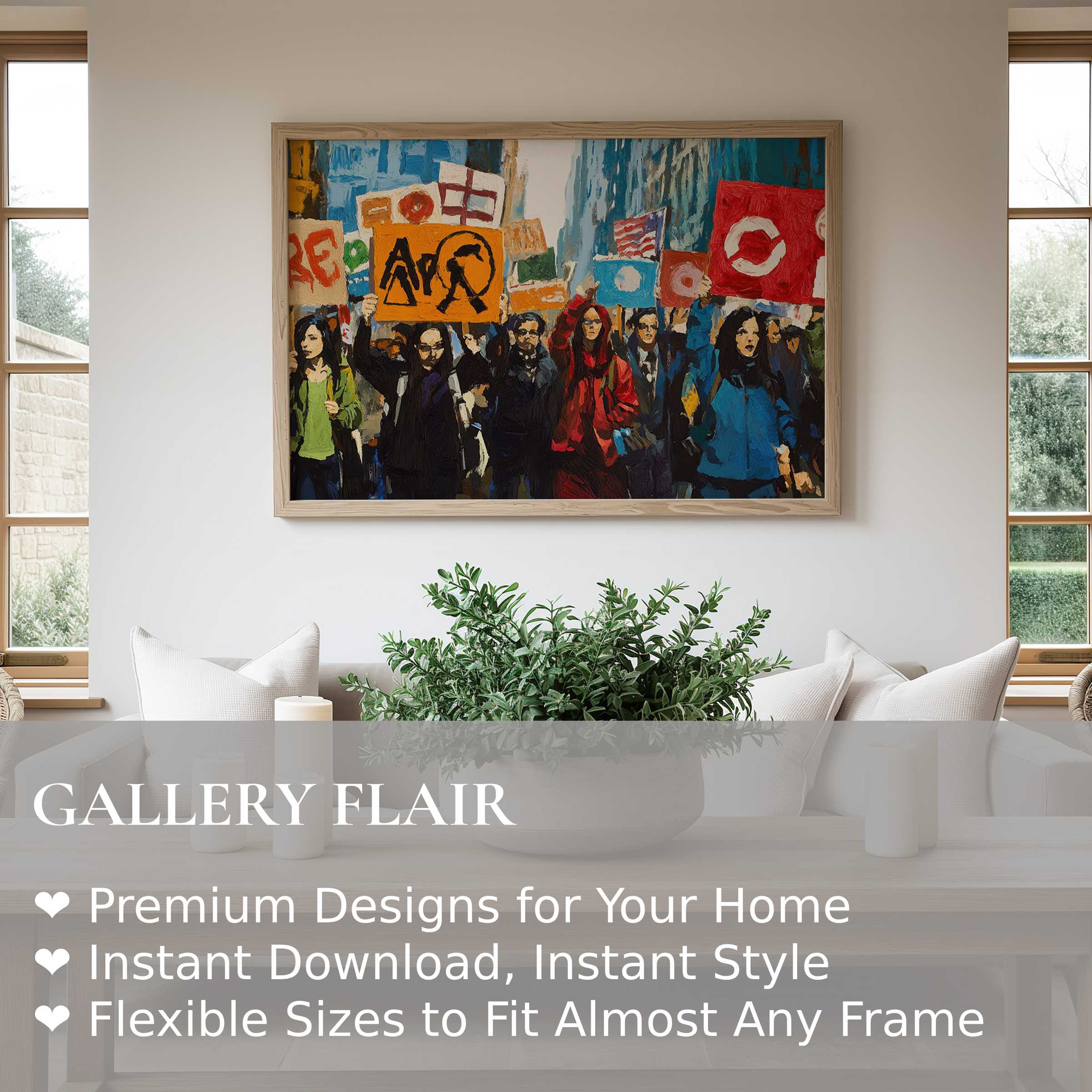 Bold street art wall art print featuring a dynamic protest scene in vibrant hues, elevating modern minimalist interiors with edgy urban energy