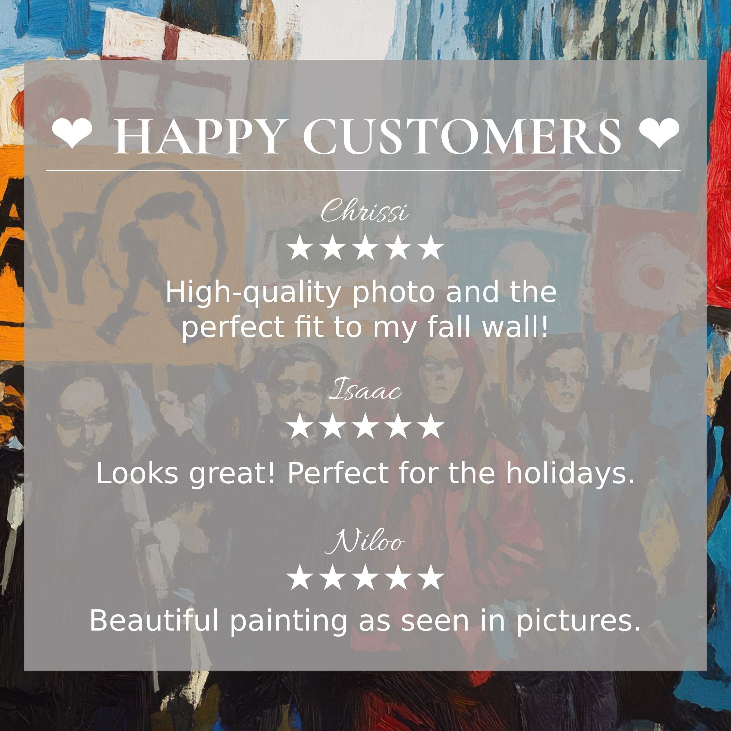 Street art for Frame TV with abstract sunset tones, showcasing happy customer reviews and elegant trust-building design