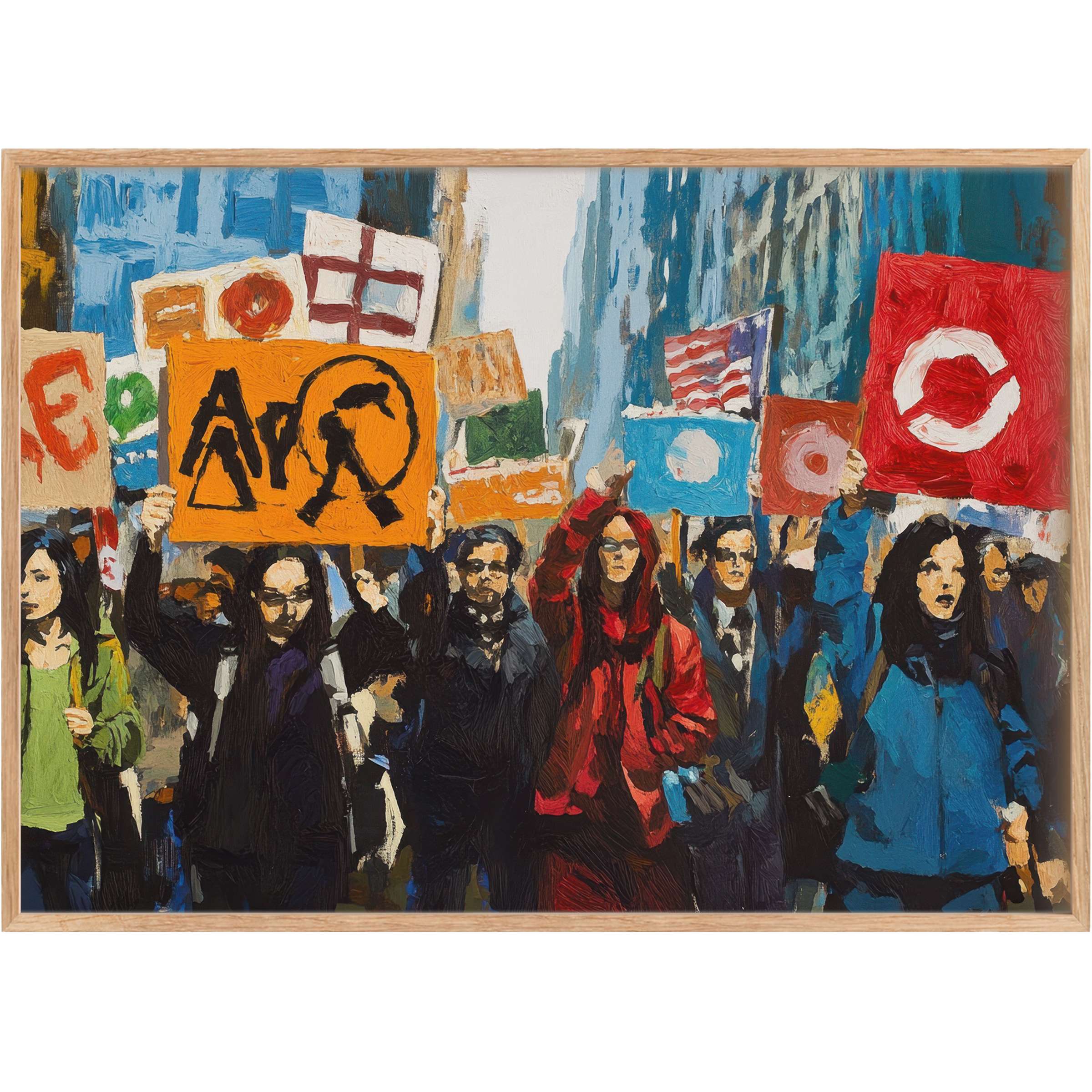 Vibrant street art printable wall art captures bold urban activism with fiery reds, deep blues, and striking oranges, energizing sleek interiors
