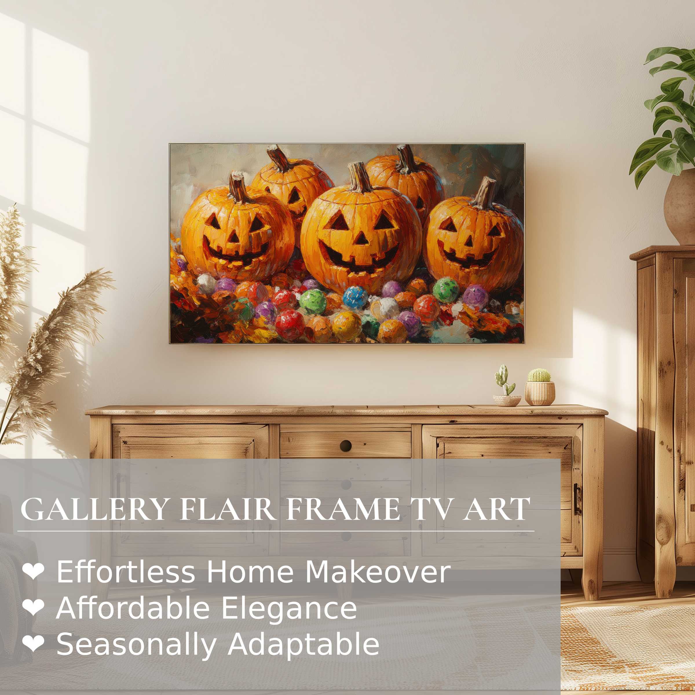 Samsung Frame TV showcasing warm halloween digital artwork with carved pumpkins in a cozy, modern living space