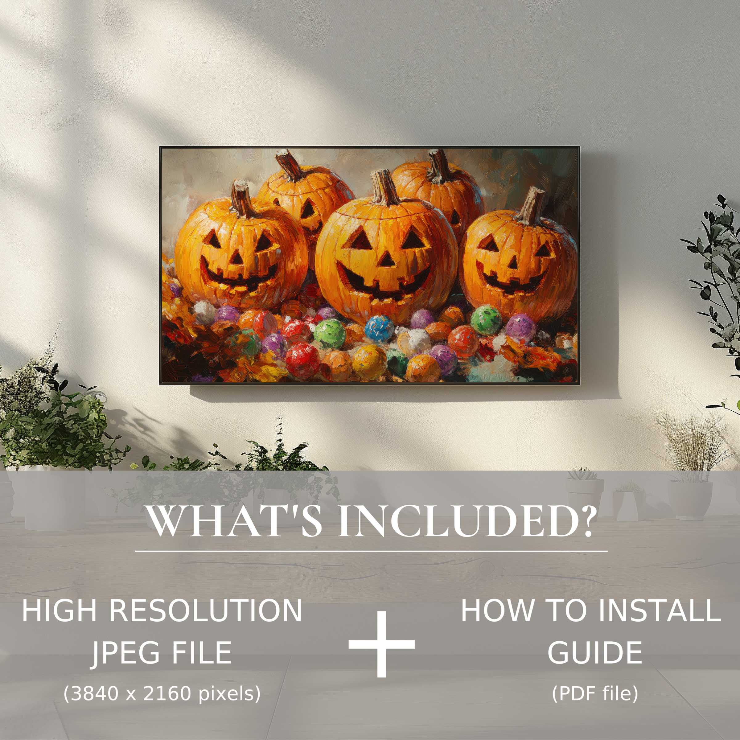 Elegant living room enhanced by vibrant Halloween digital TV art download, easy to use and instantly elevates décor