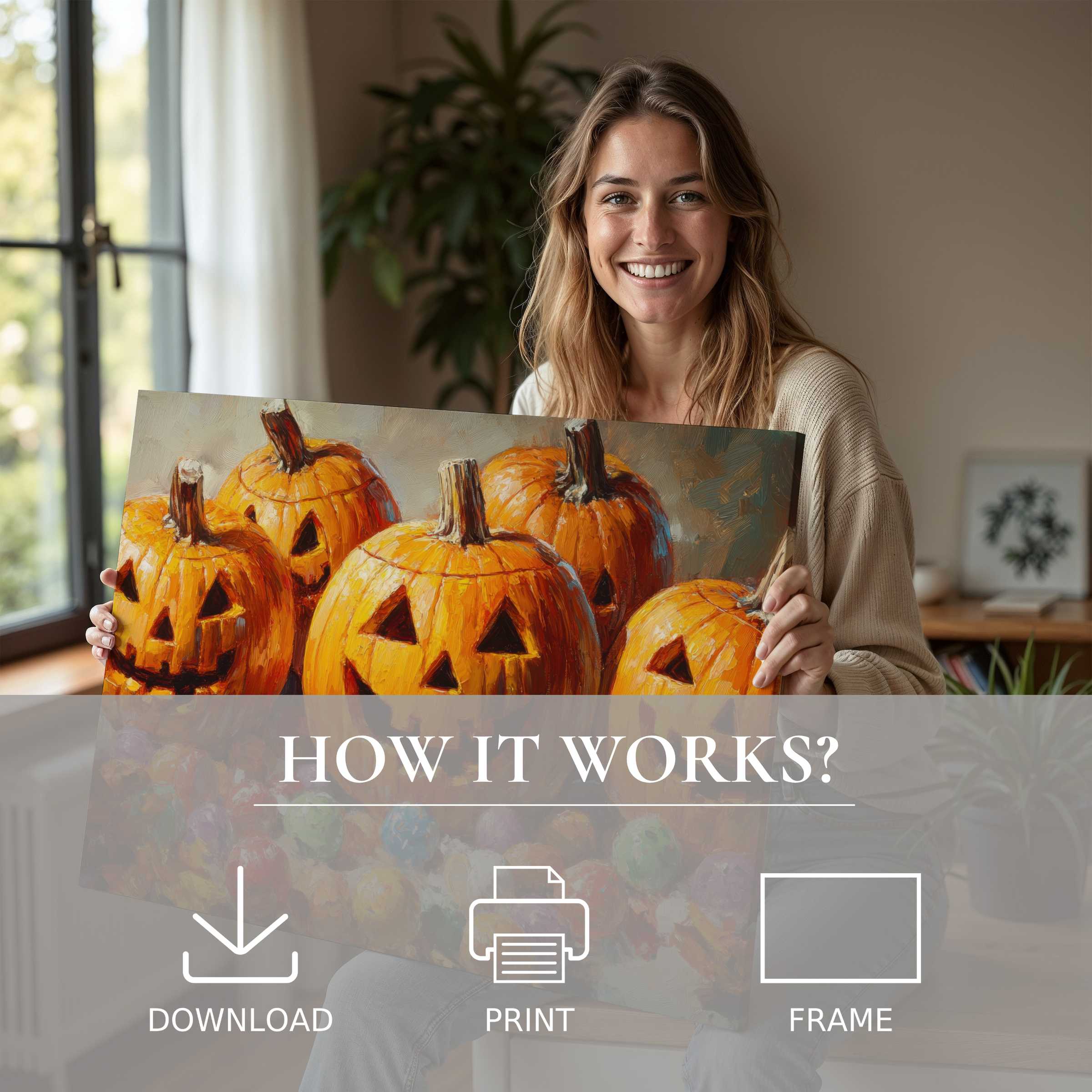 A serene moment of joyful connection as a woman reveals a vibrant Halloween digital art print, enriching her modern living space with warmth and charm