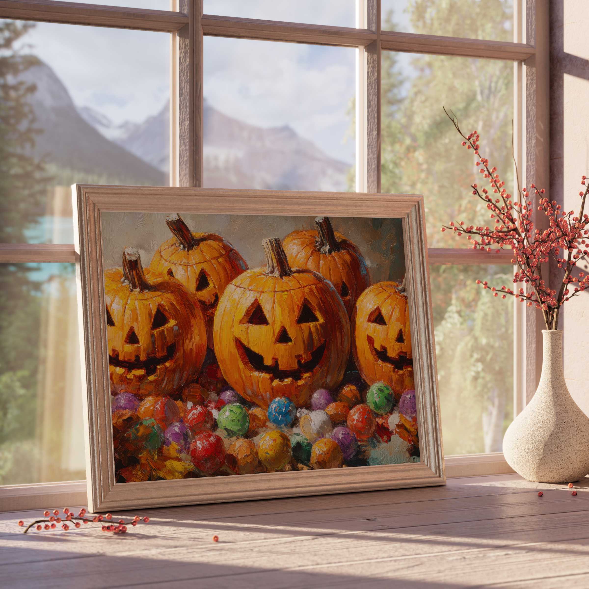 Halloween downloadable art featuring joyful jack-o'-lanterns amid vibrant candy, infusing curated interiors with warm, festive charm