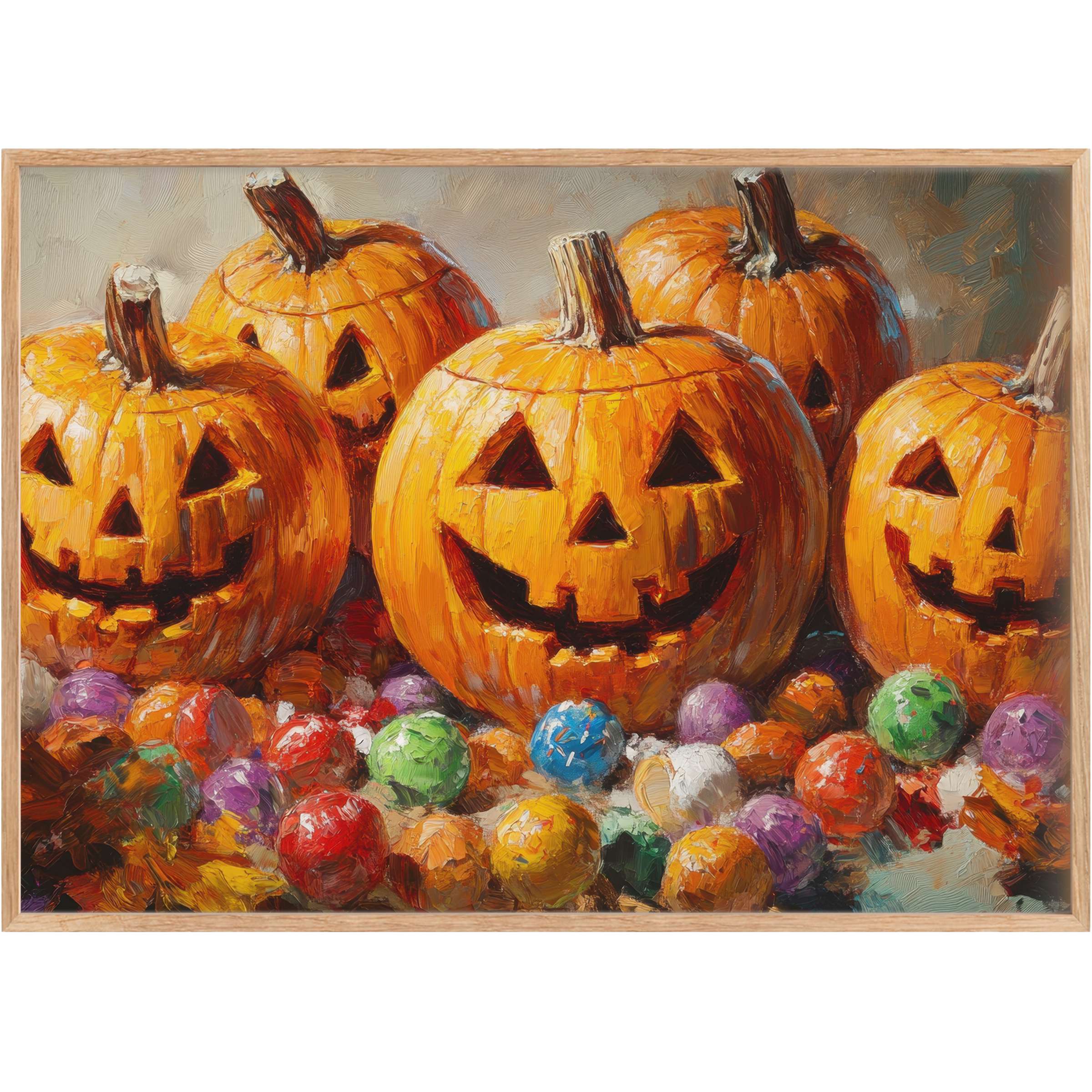 Vibrant halloween printable wall art featuring cheerful orange jack-o’-lanterns and colorful candy, radiating warm, festive charm